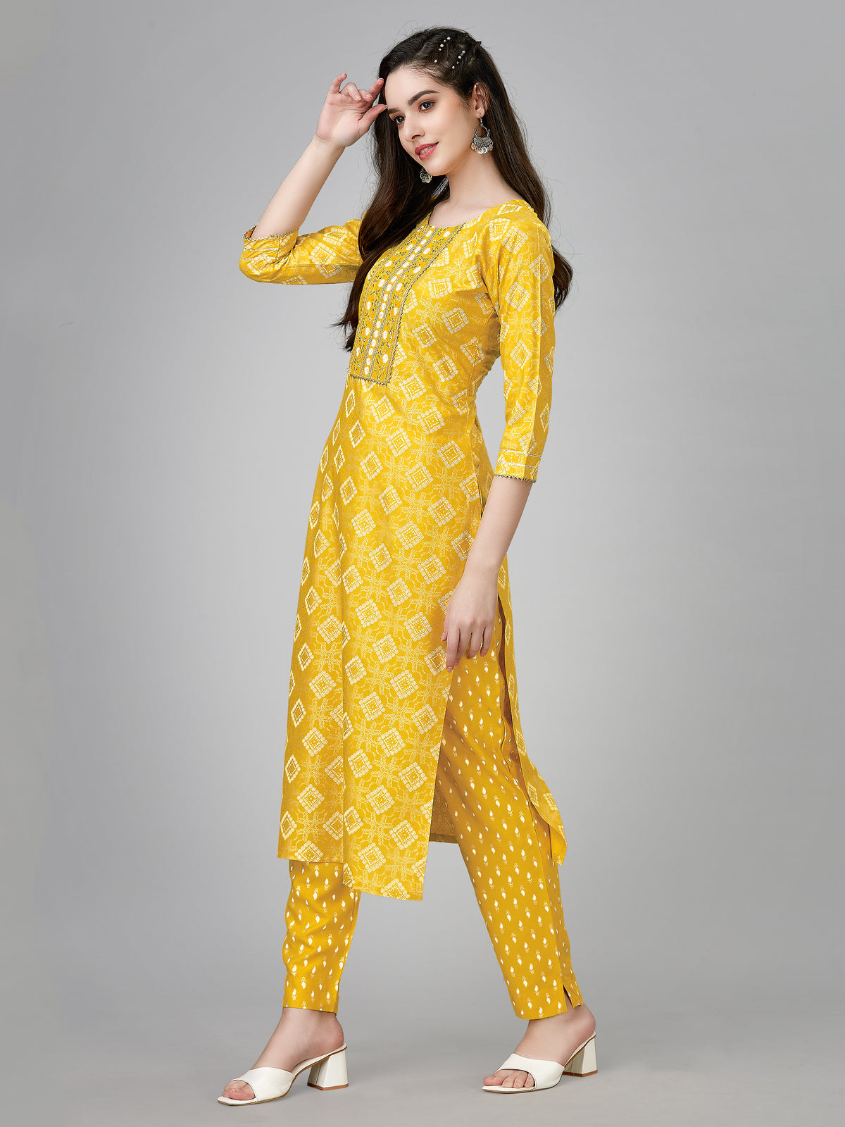 Yellow Colored Rayon Printed  Kurti With Pant