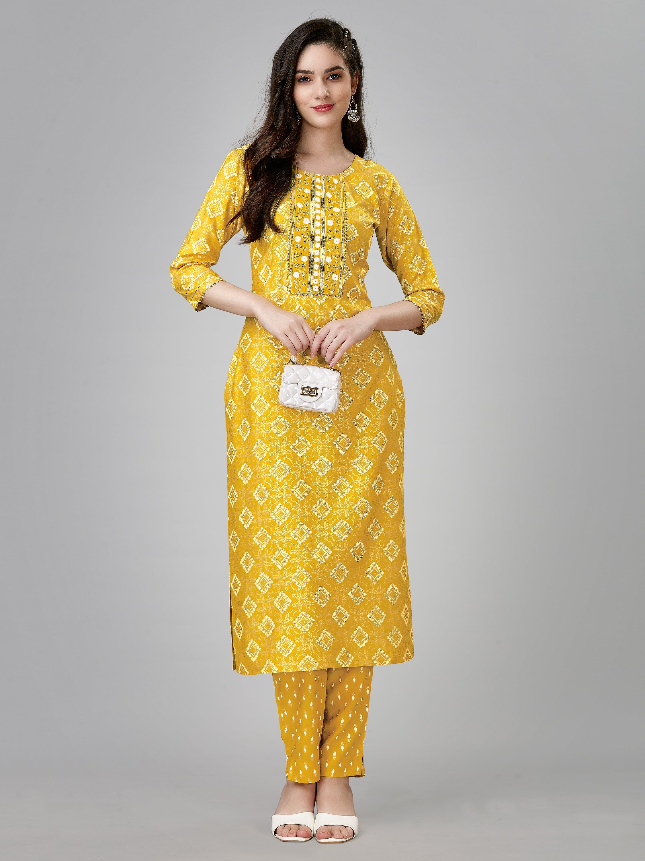 Yellow Colored Rayon Printed  Kurti With Pant