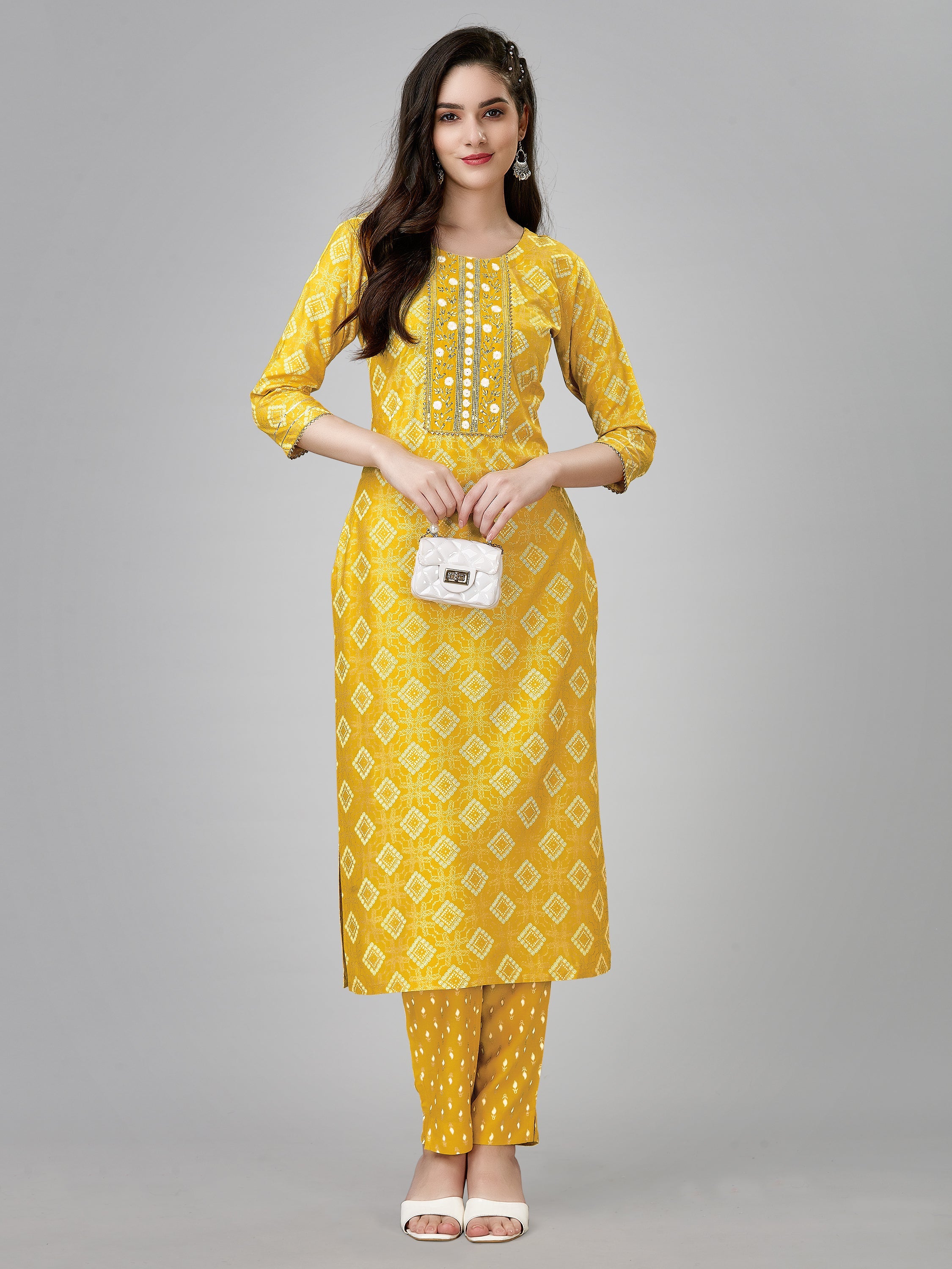 Yellow Rayon Printed Kurti With Pant