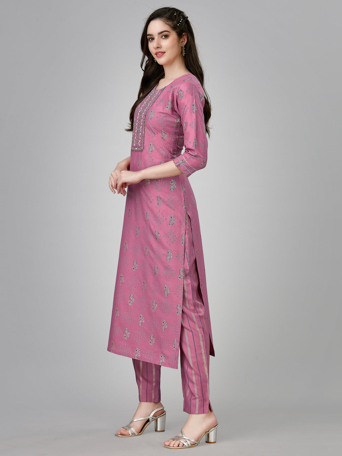 Wine Colored Rayon Printed  Kurti With Pant