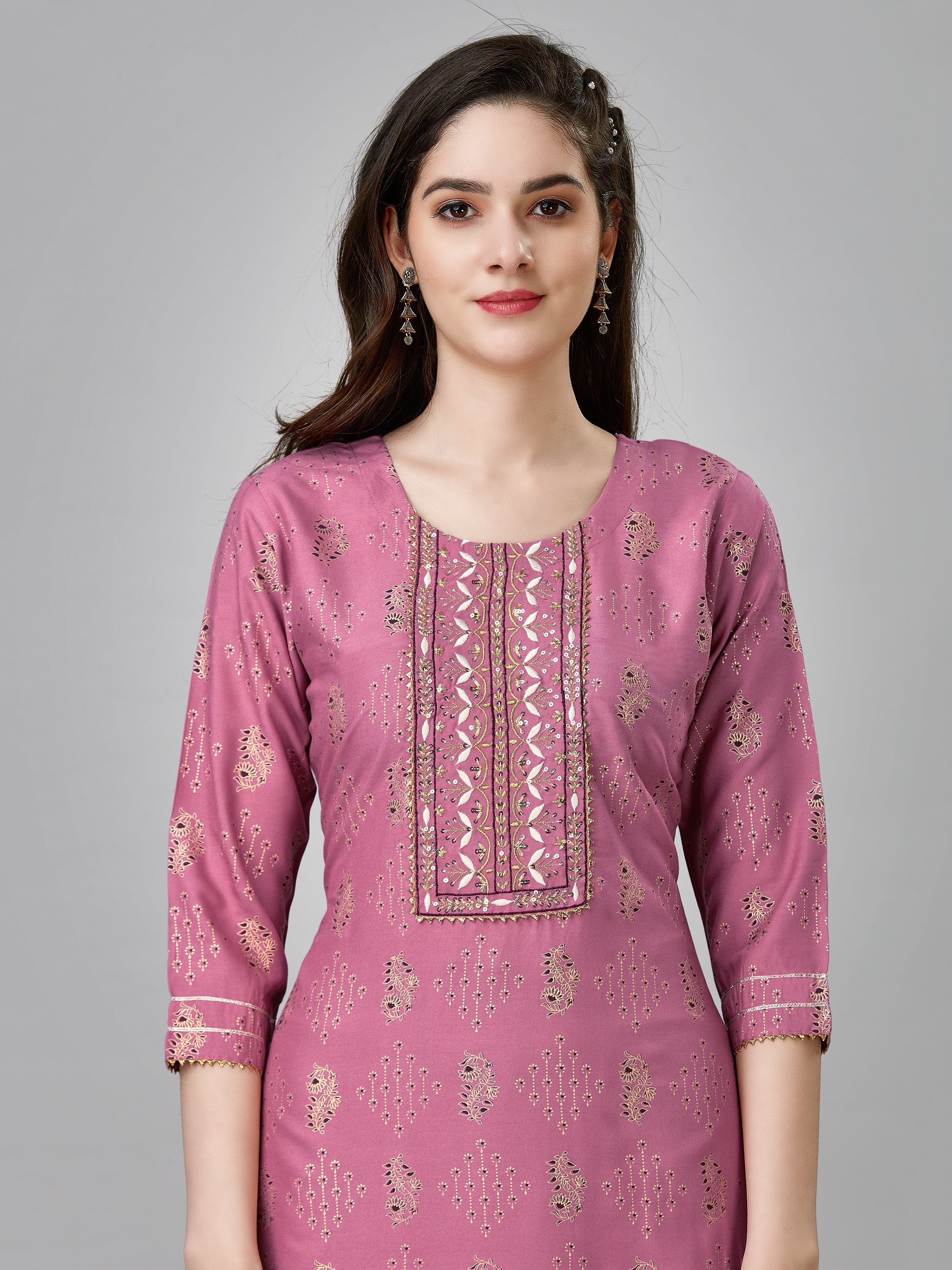 Wine Colored Rayon Printed  Kurti With Pant