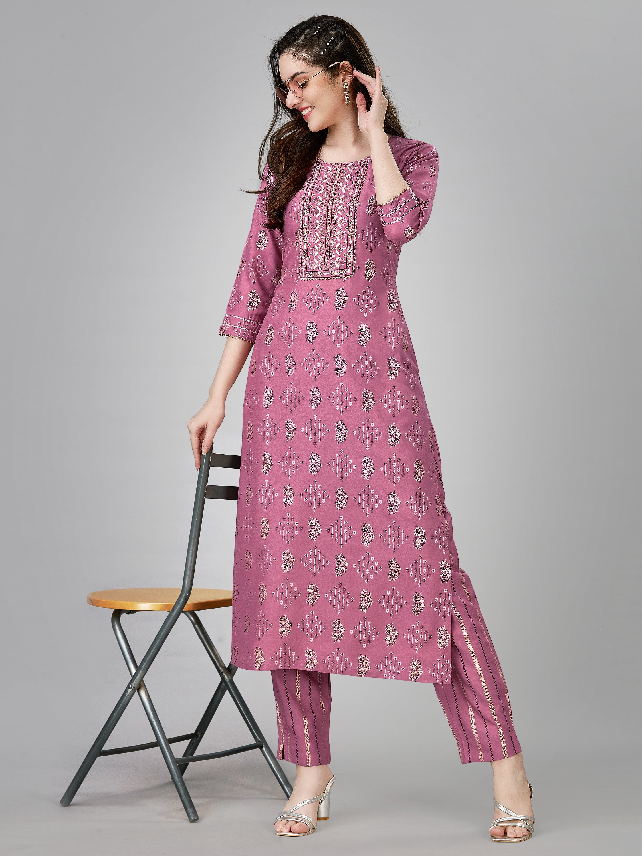 Wine Colored Rayon Printed  Kurti With Pant