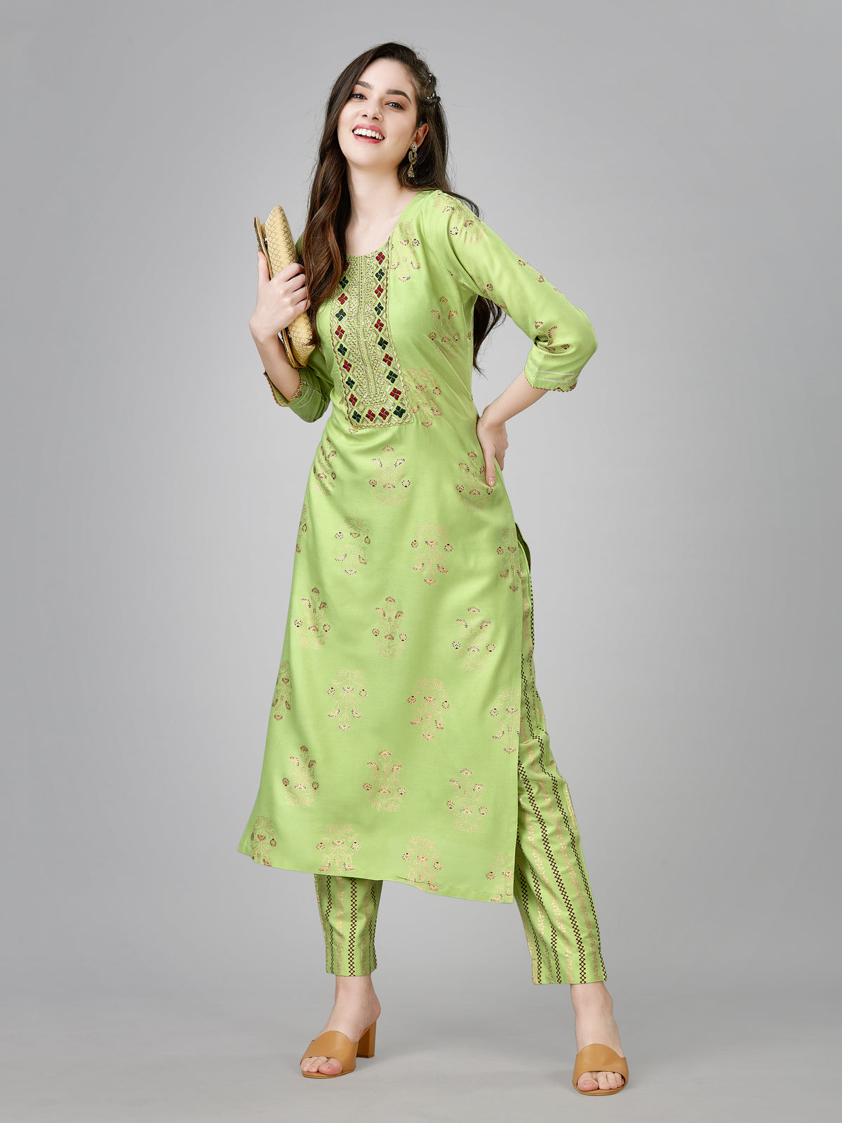 Parrot Green Colored Rayon Printed  Kurti With Pant