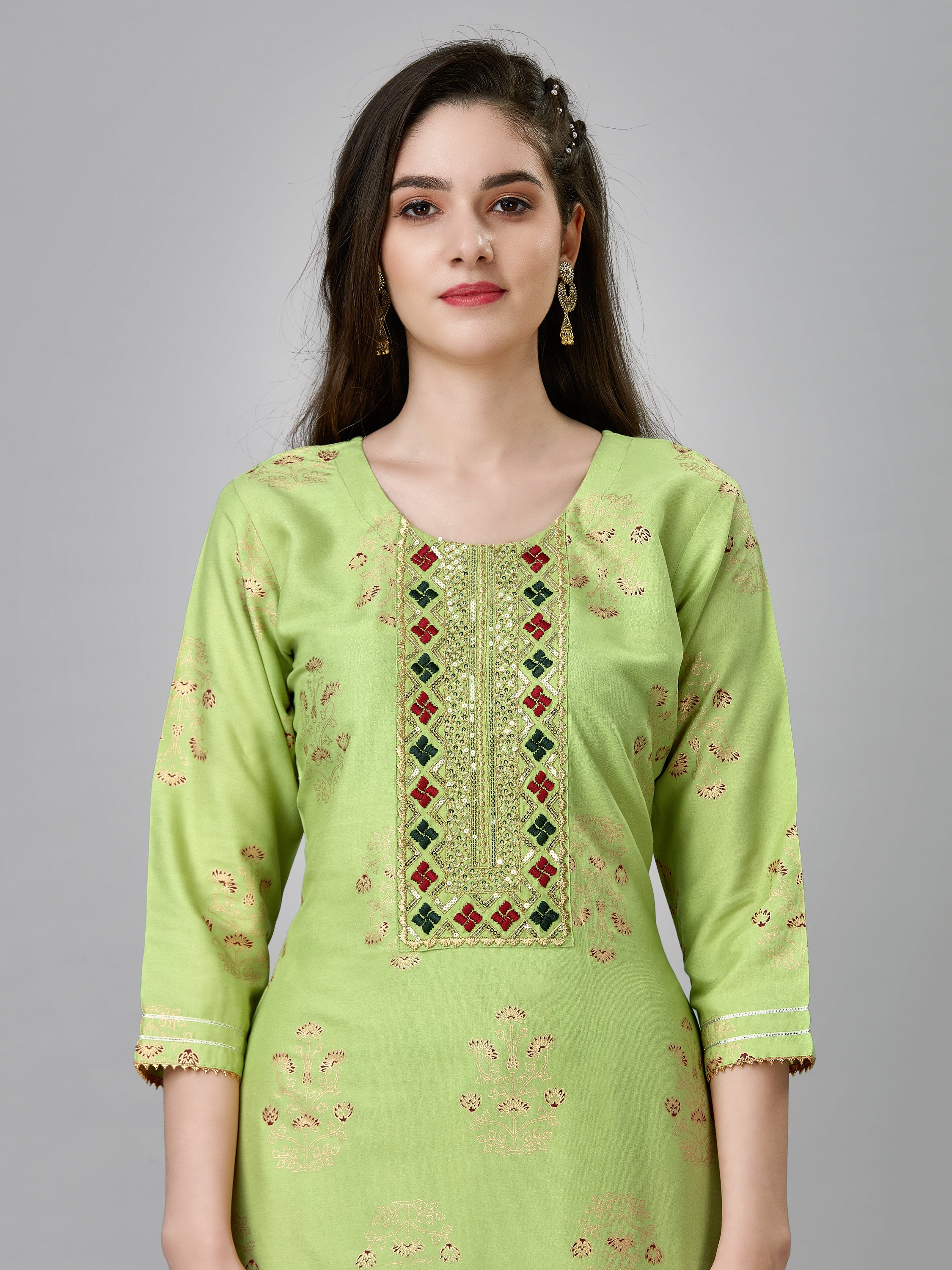 Parrot Green Colored Rayon Printed  Kurti With Pant