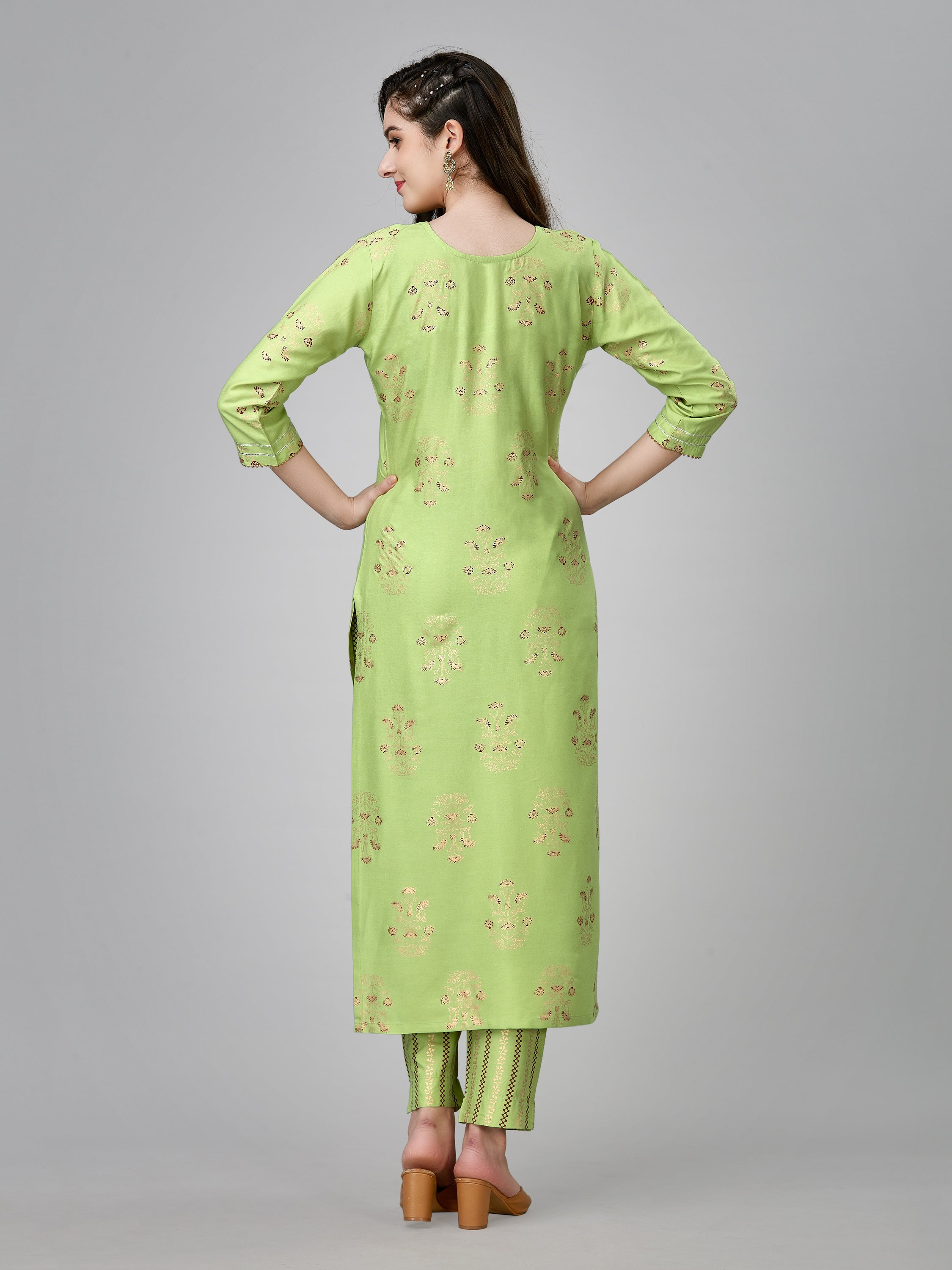 Parrot Green Colored Rayon Printed  Kurti With Pant