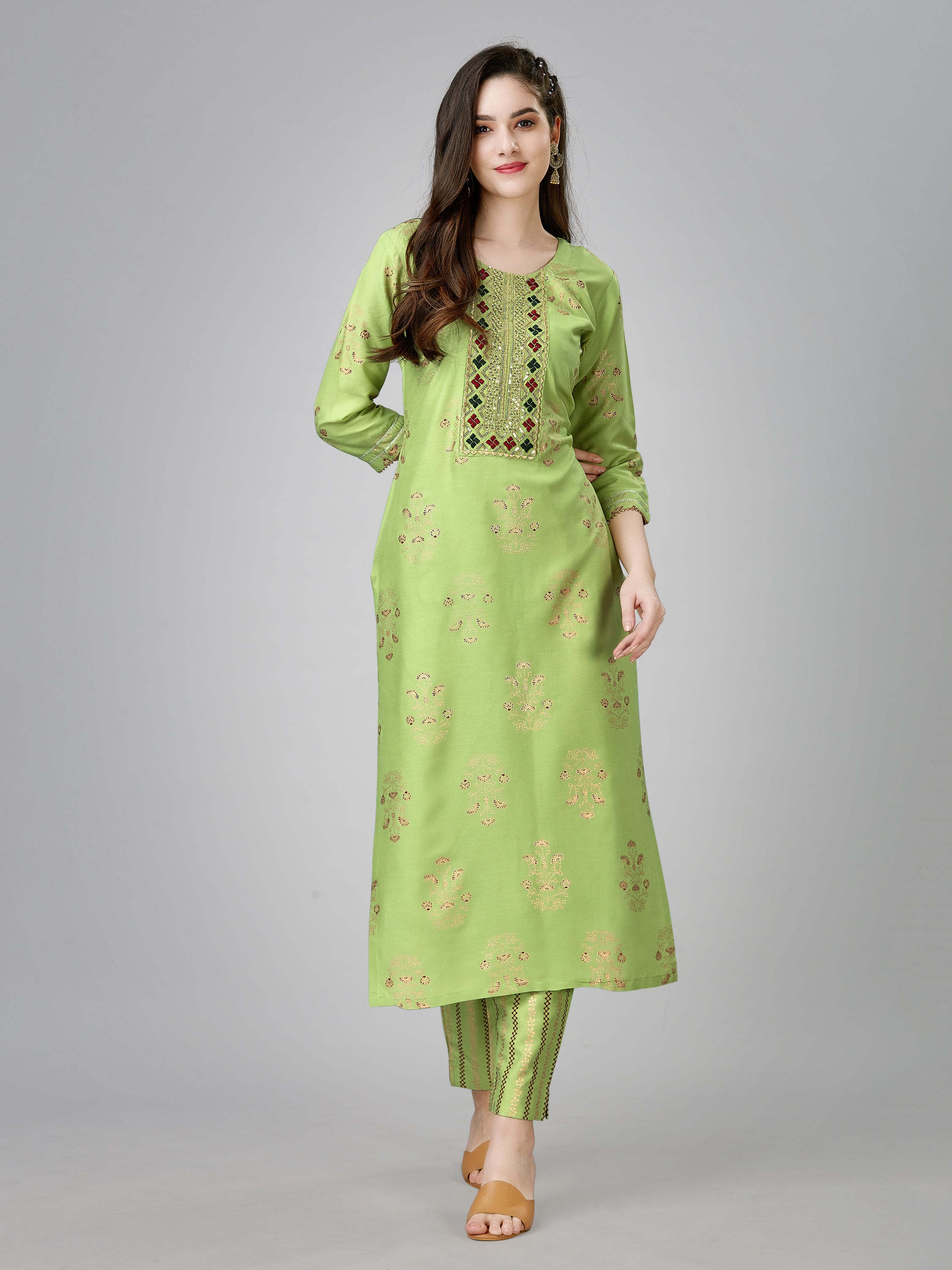 Parrot Green Colored Rayon Printed  Kurti With Pant