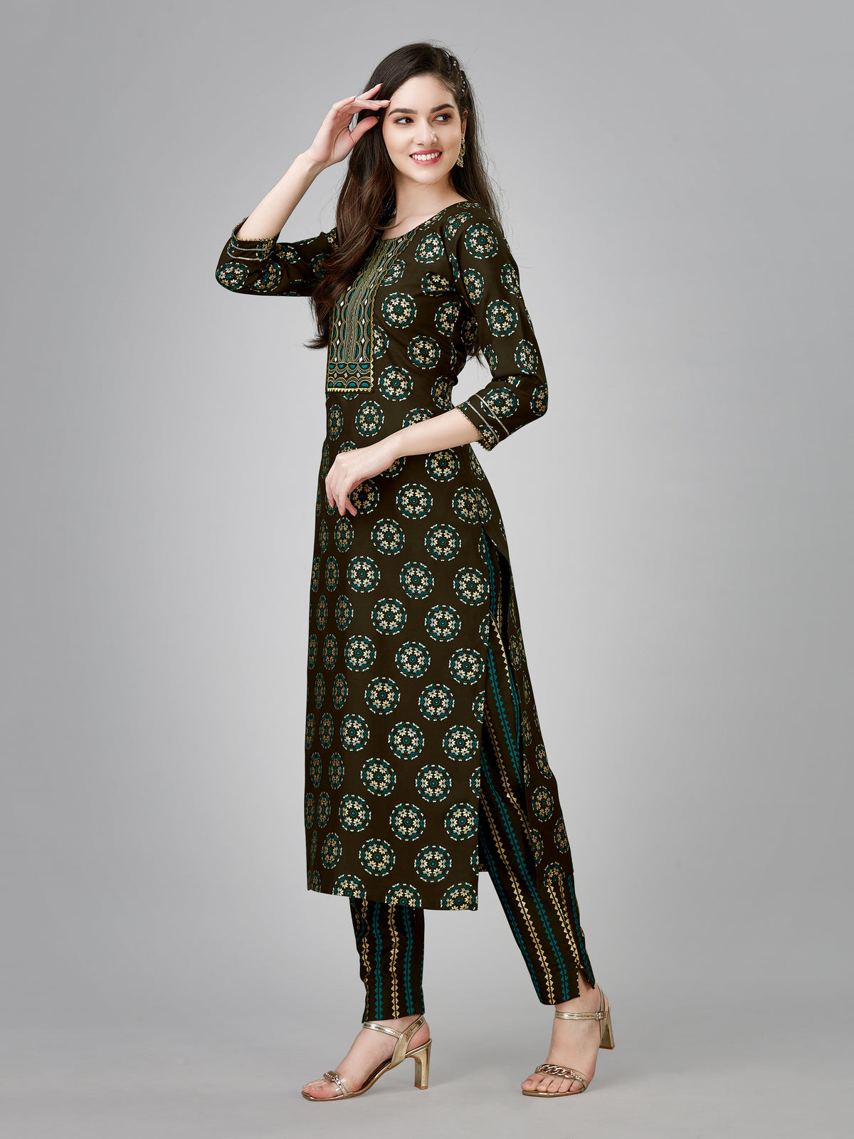 Coffee Colored Rayon Printed  Kurti With Pant