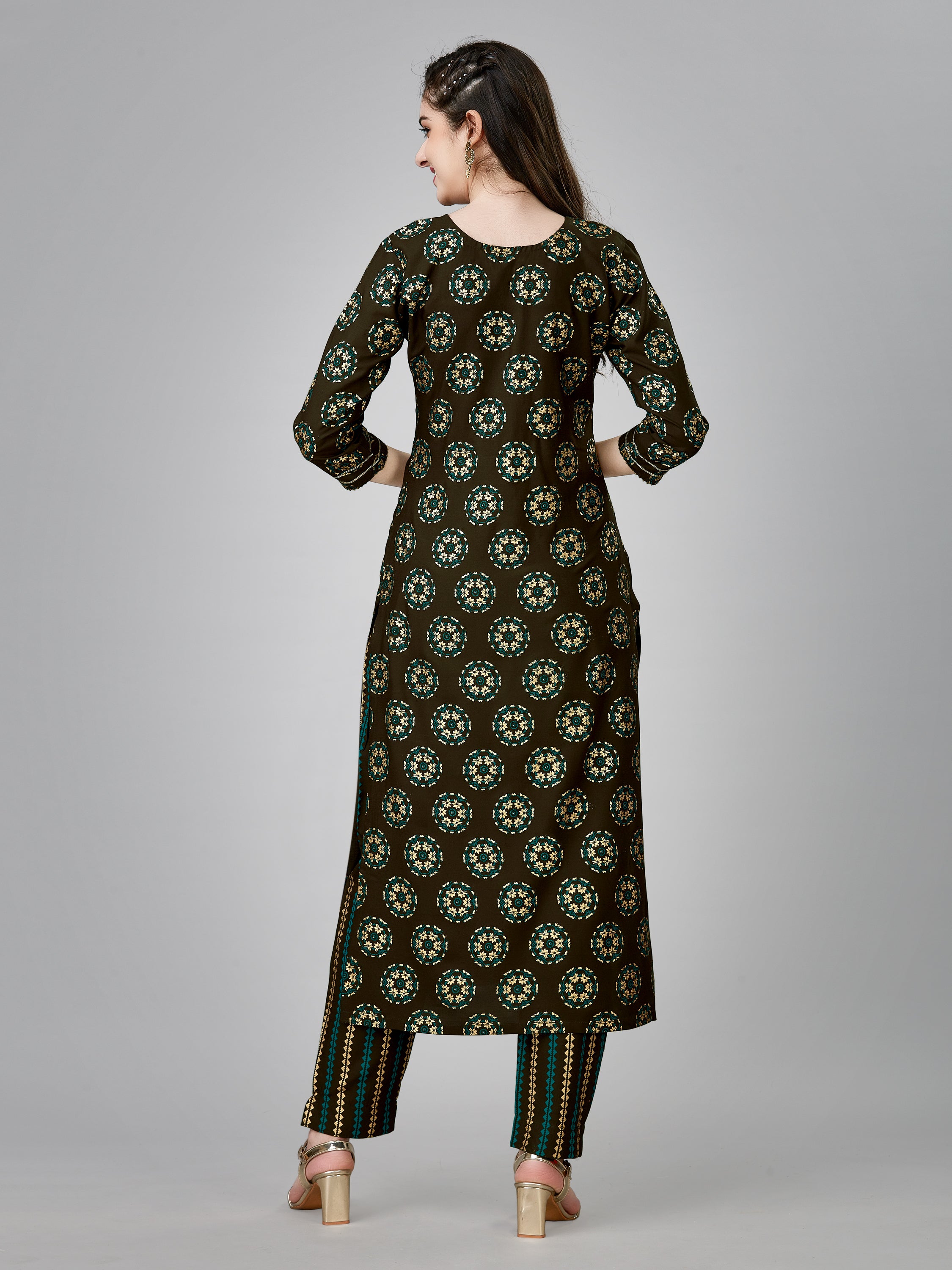 Coffee Colored Rayon Printed  Kurti With Pant