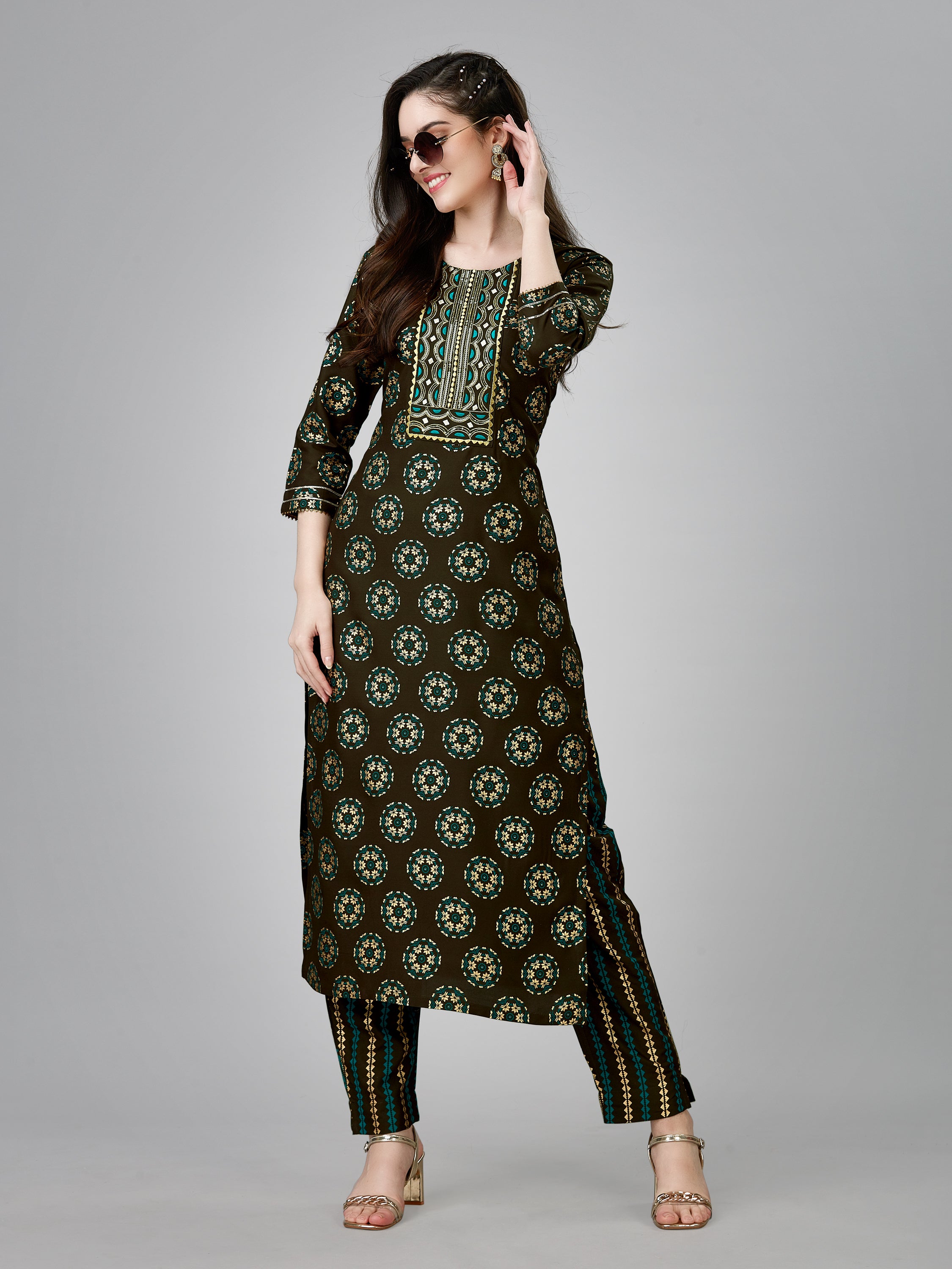 Coffee Colored Rayon Printed  Kurti With Pant