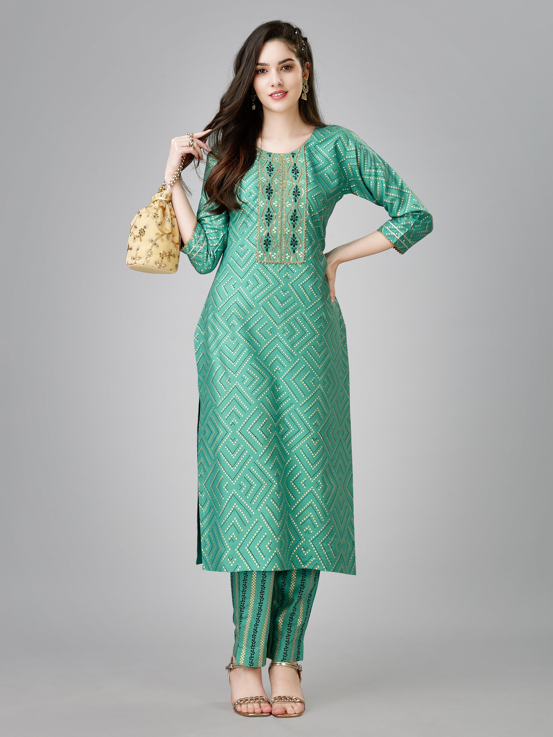 Light Green Colored Rayon Printed  Kurti With Pant