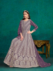 Purple Colored Faux Georgette Embroidered  Flared Anarkali Gown With Bottom Dupatta