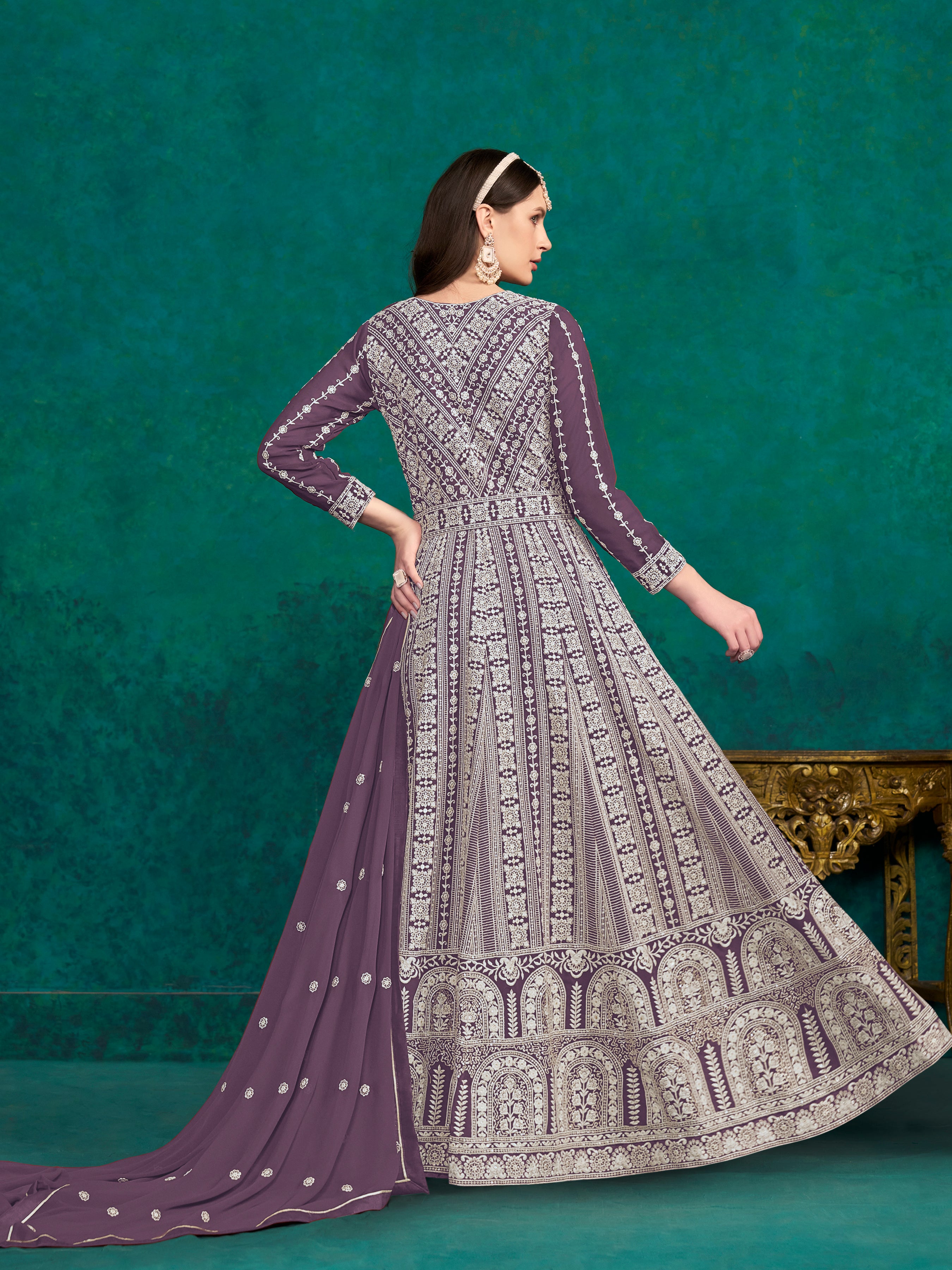 Purple Colored Faux Georgette Embroidered  Flared Anarkali Gown With Bottom Dupatta