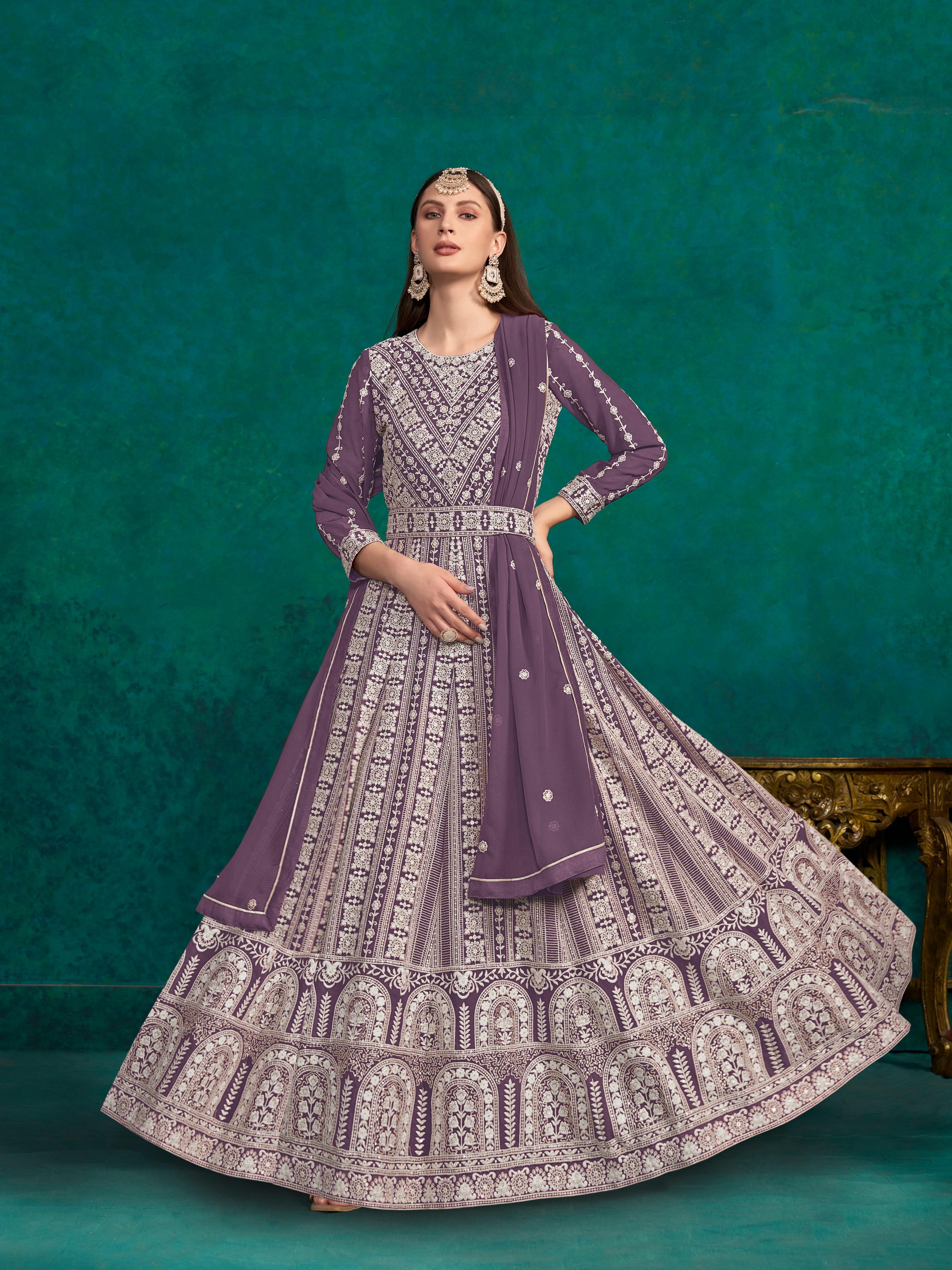 Purple Colored Faux Georgette Embroidered  Flared Anarkali Gown With Bottom Dupatta