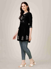 Black Rayon Embroidered Short Kurti