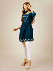 Blue Rayon Embroidered Short Kurti