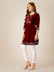 Maroon Rayon Embroidered Short Kurti