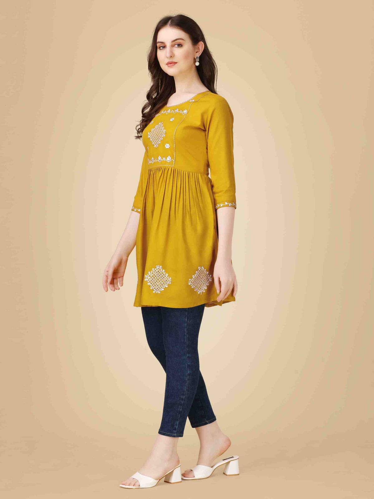 Mustard Rayon Embroidered Short Kurti