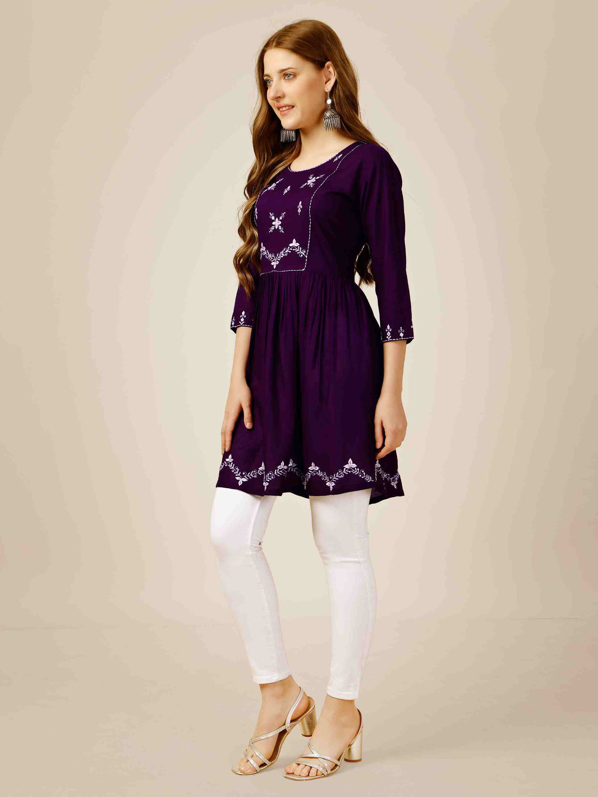 Purple Colored Rayon Embroidered Short Kurti