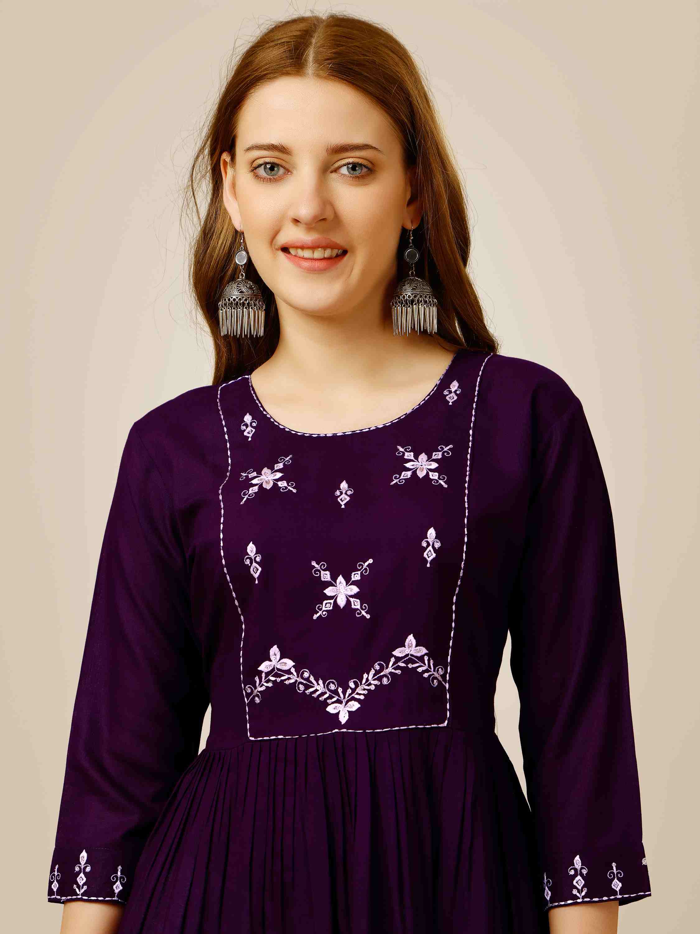 Purple Colored Rayon Embroidered Short Kurti