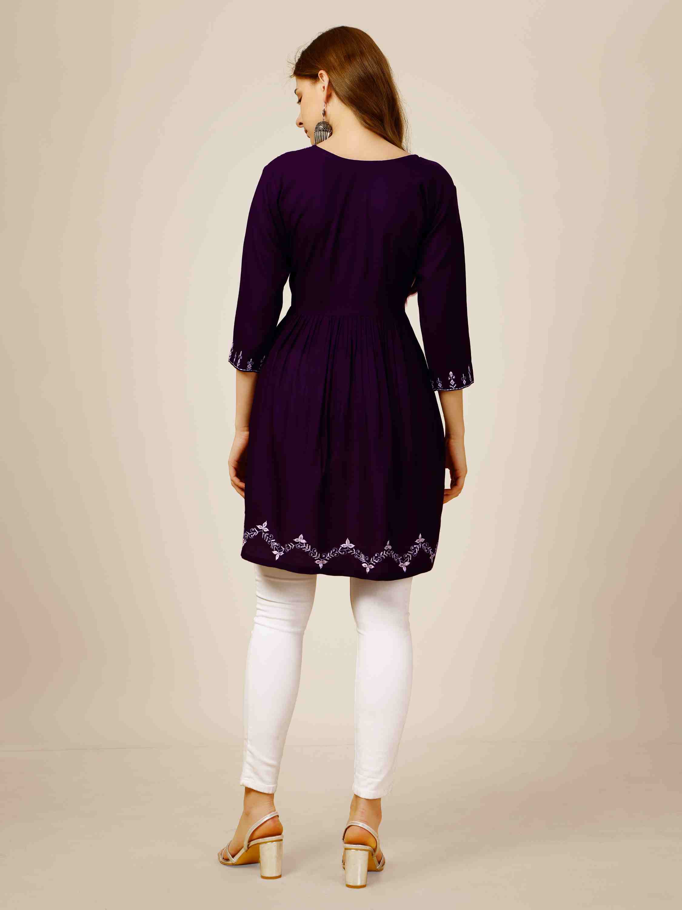 Purple Colored Rayon Embroidered Short Kurti