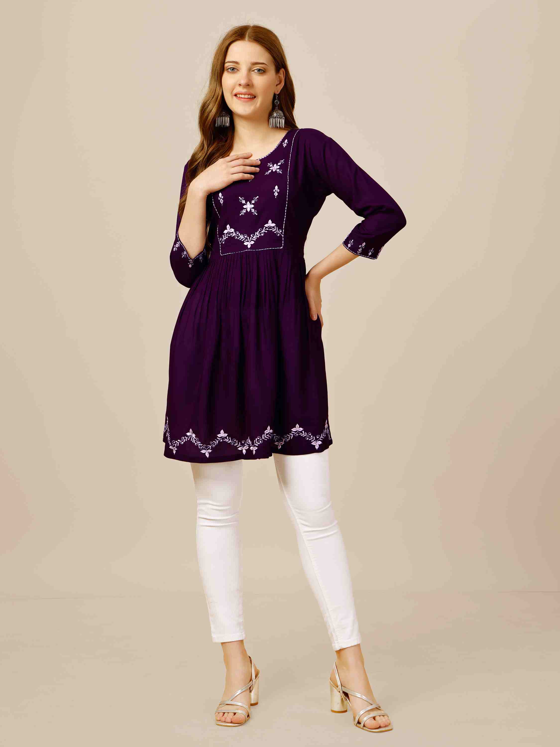 Purple Colored Rayon Embroidered Short Kurti