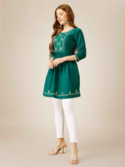 Green Rayon Embroidered Short Kurti