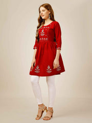 Red Rayon Embroidered Short Kurti