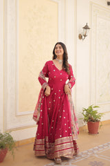 Pink Colored Faux Georgette Sequins Embroidered  Gown With Dupatta