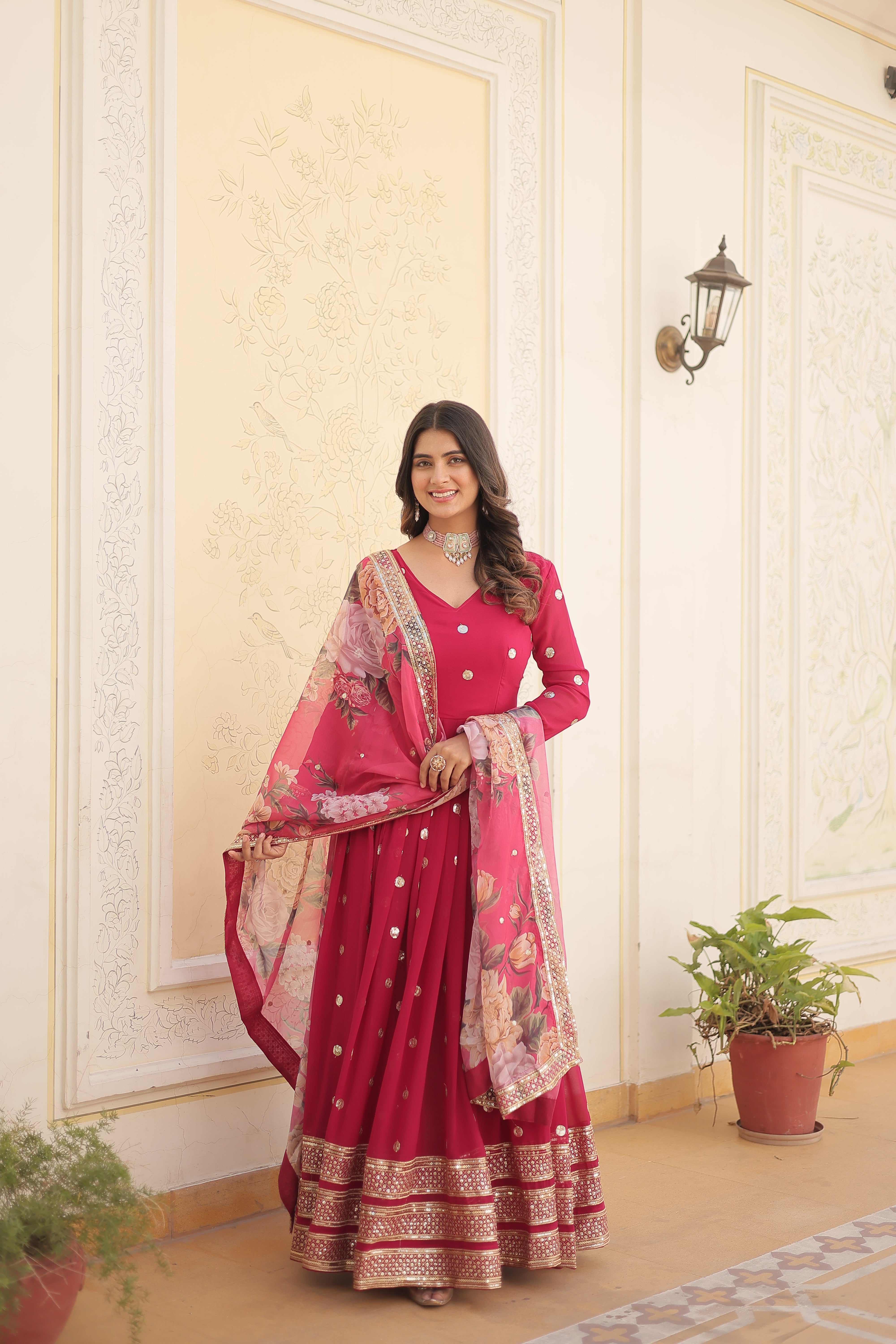 Pink Colored Faux Georgette Sequins Embroidered  Gown With Dupatta