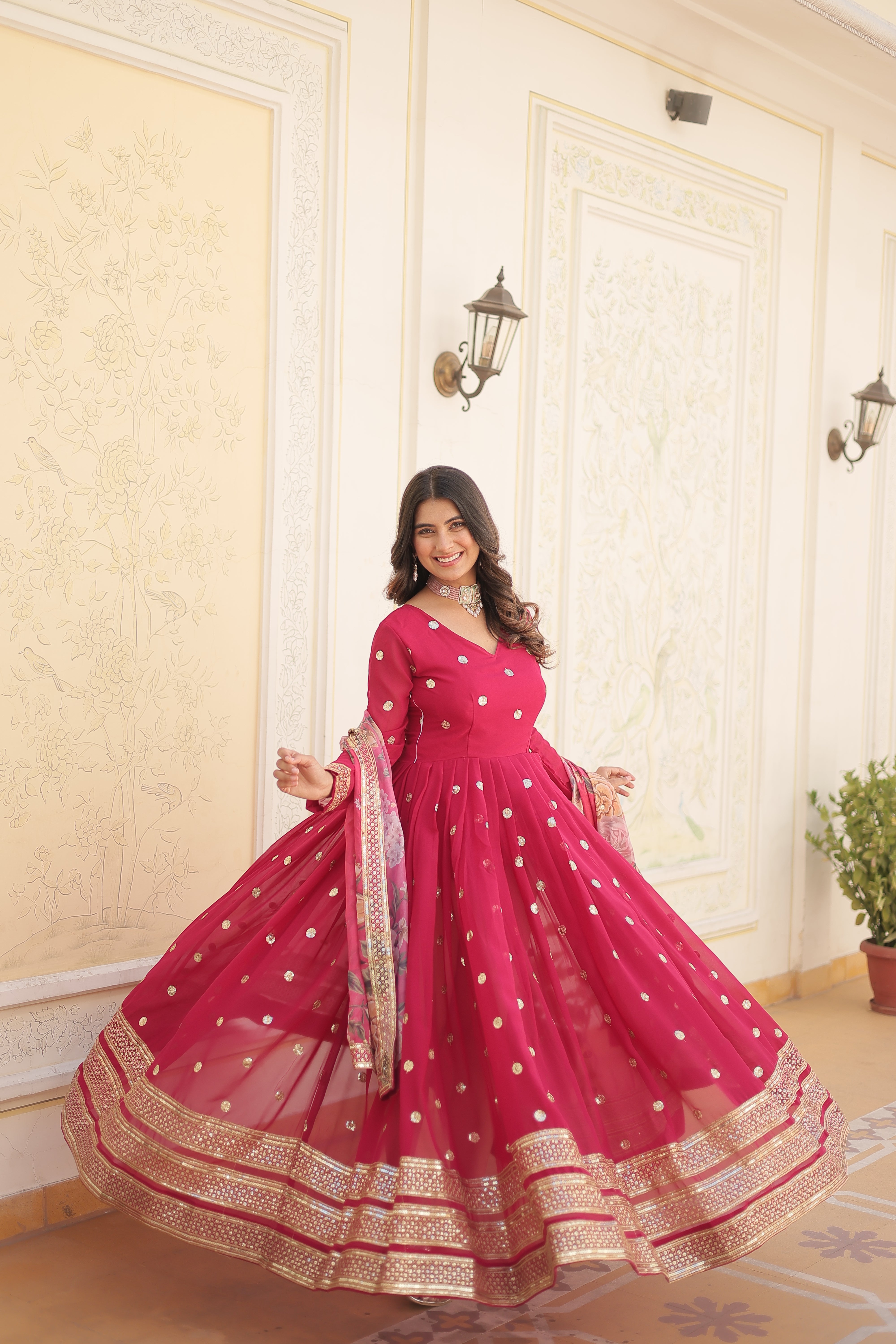 Pink Colored Faux Georgette Sequins Embroidered  Gown With Dupatta