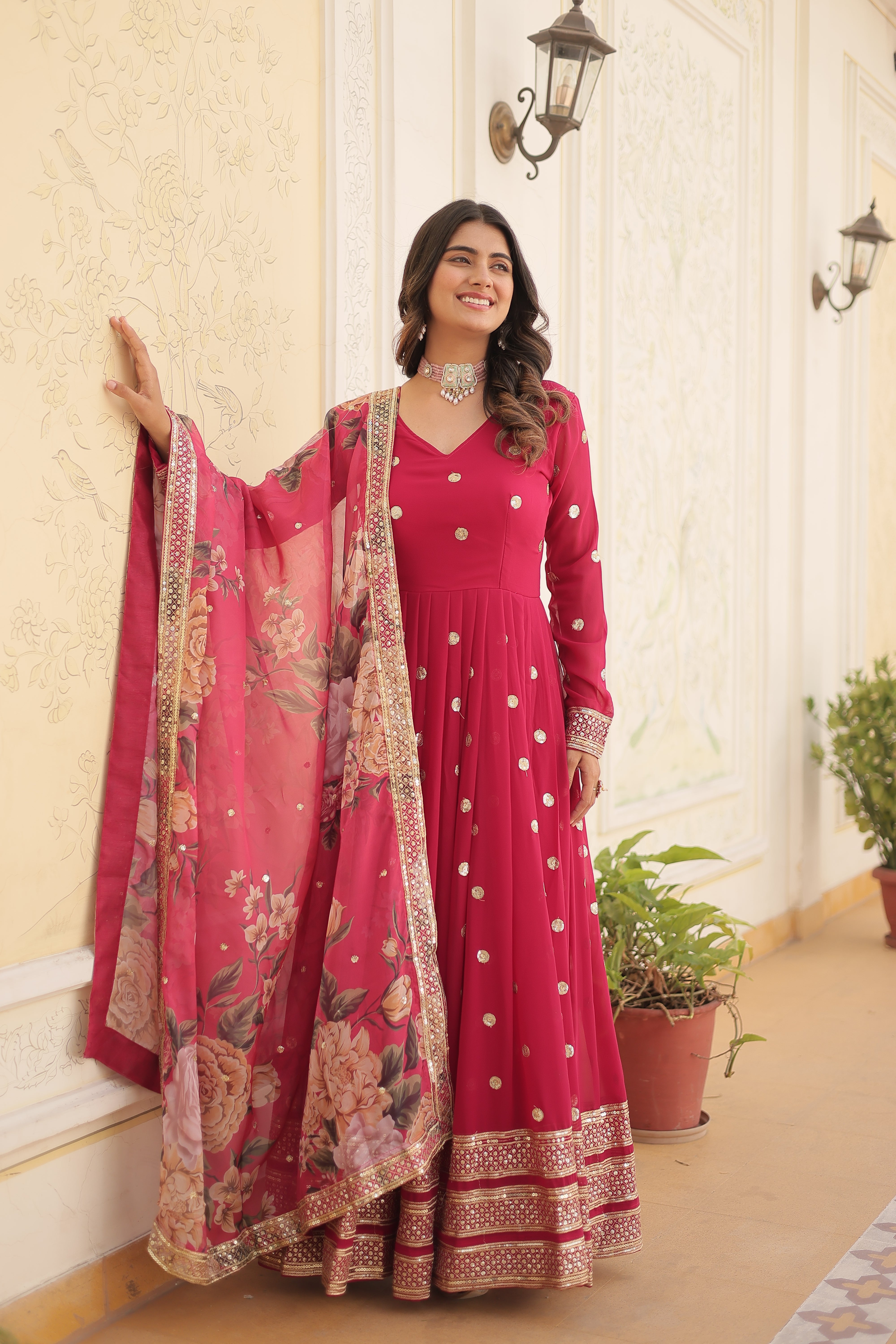 Pink Colored Faux Georgette Sequins Embroidered  Gown With Dupatta