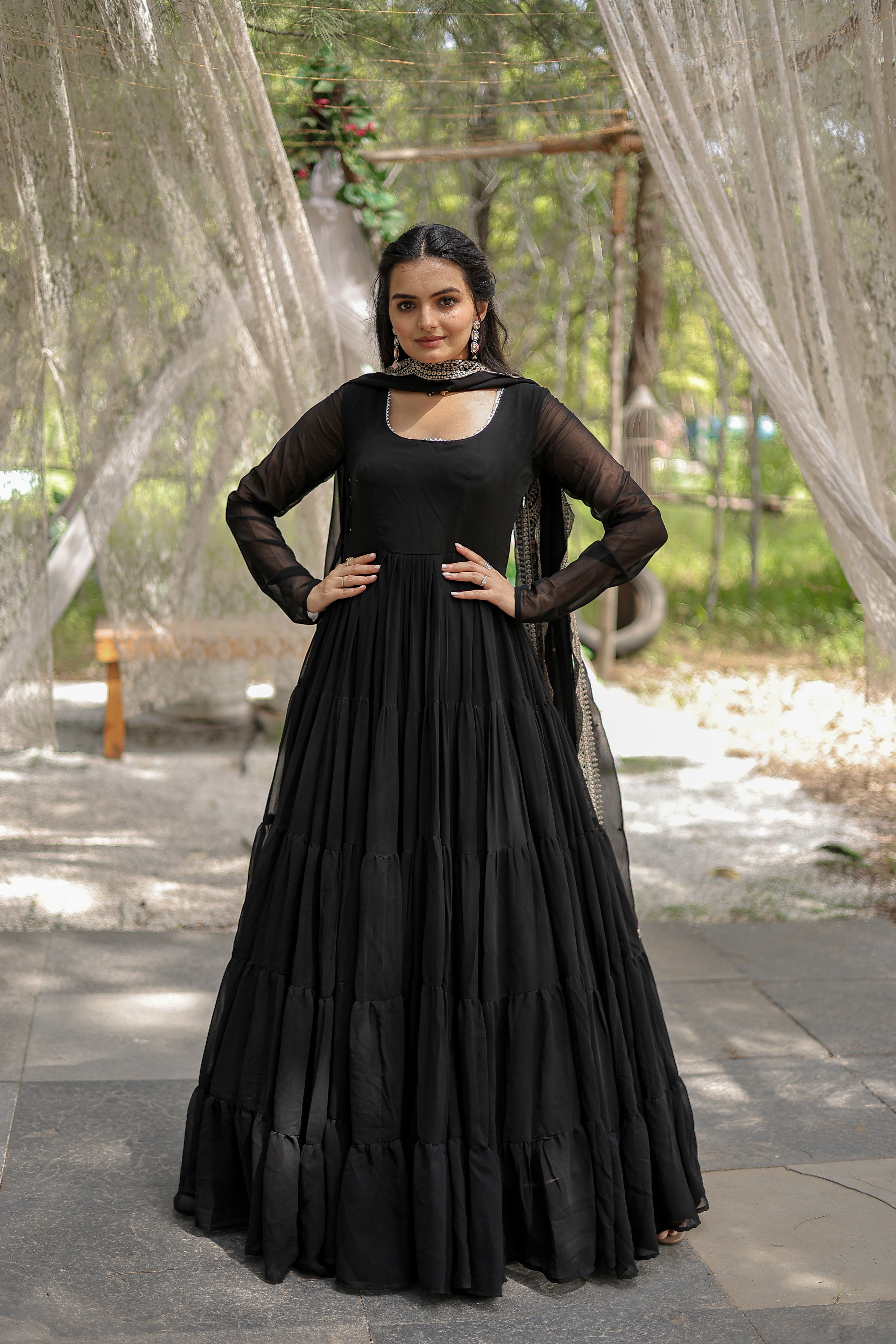 Black Faux Georgette Sequins Embroidered Gown With Dupatta