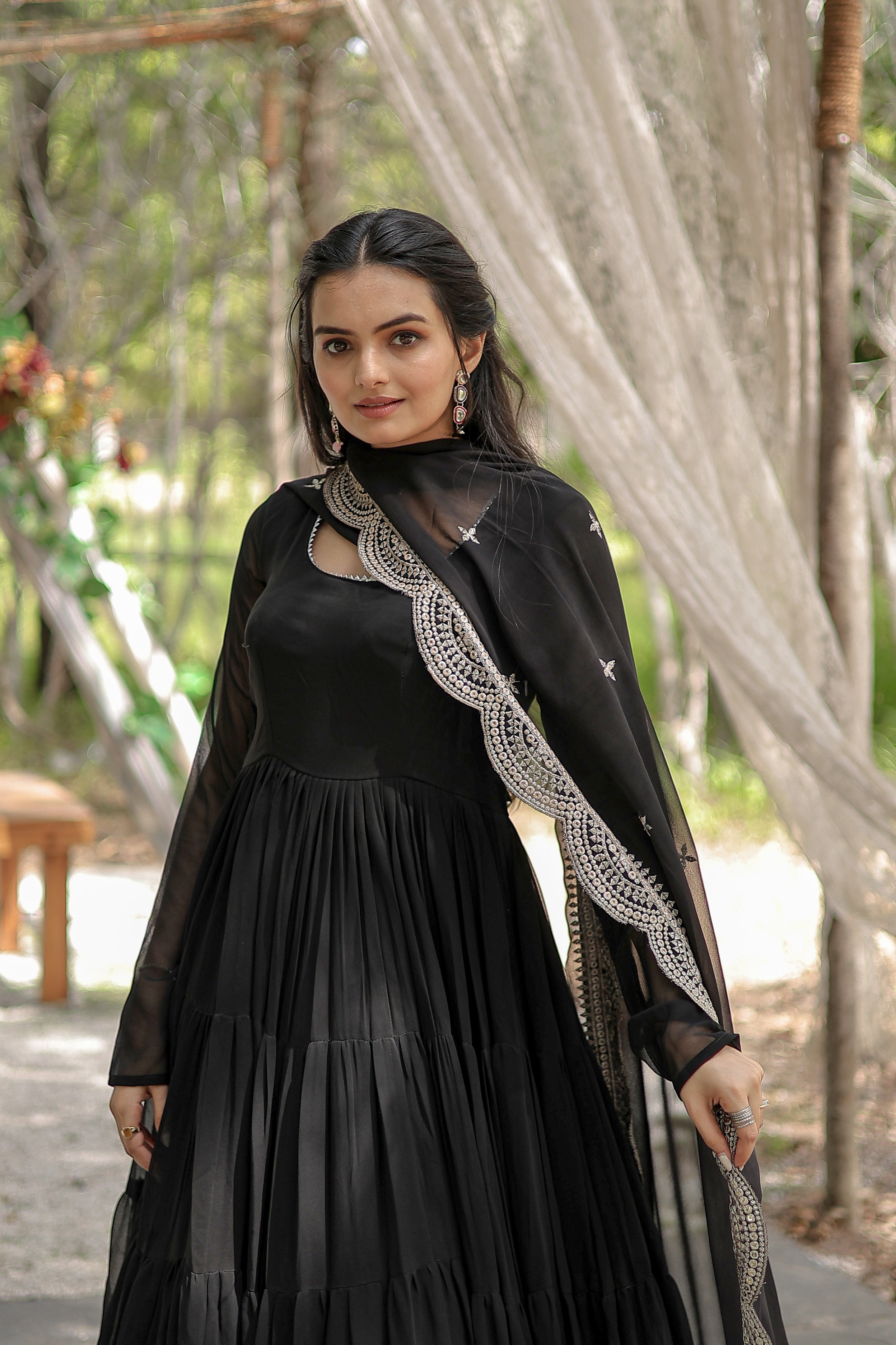 Black Faux Georgette Sequins Embroidered Gown With Dupatta