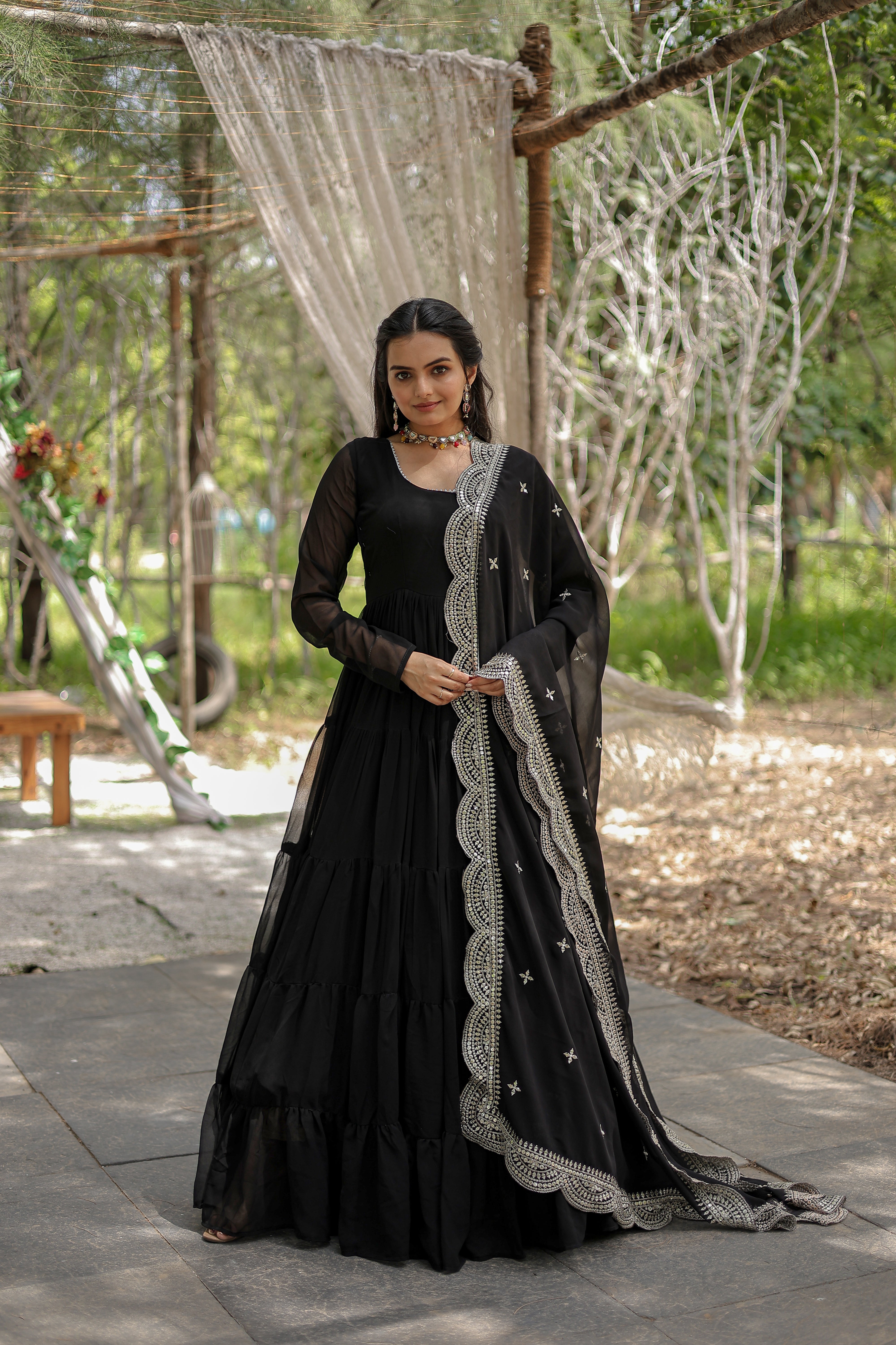 Black Faux Georgette Sequins Embroidered Gown With Dupatta