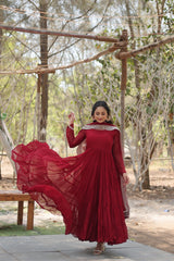 Maroon Faux Georgette Sequins Embroidered Gown With Dupatta