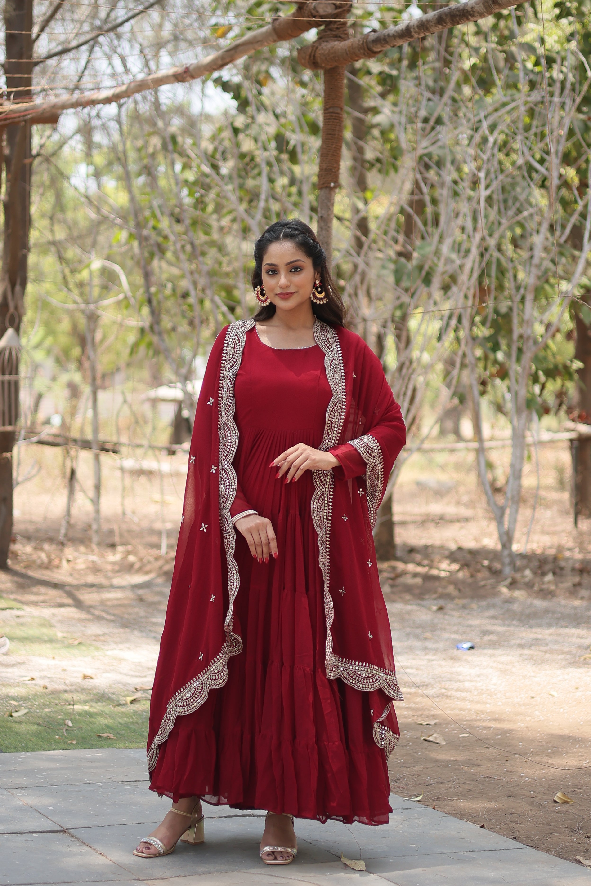 Maroon Faux Georgette Sequins Embroidered Gown With Dupatta