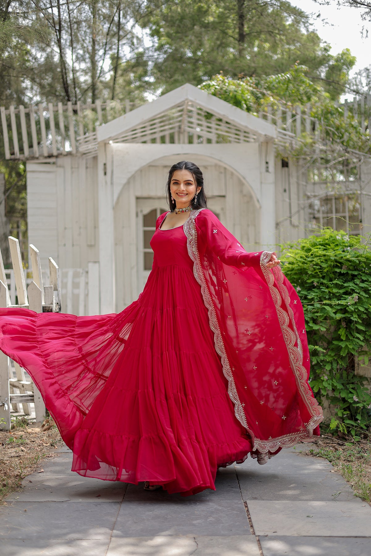 Pink Colored Faux Georgette Sequins Embroidered Panelled Gown With Dupatta