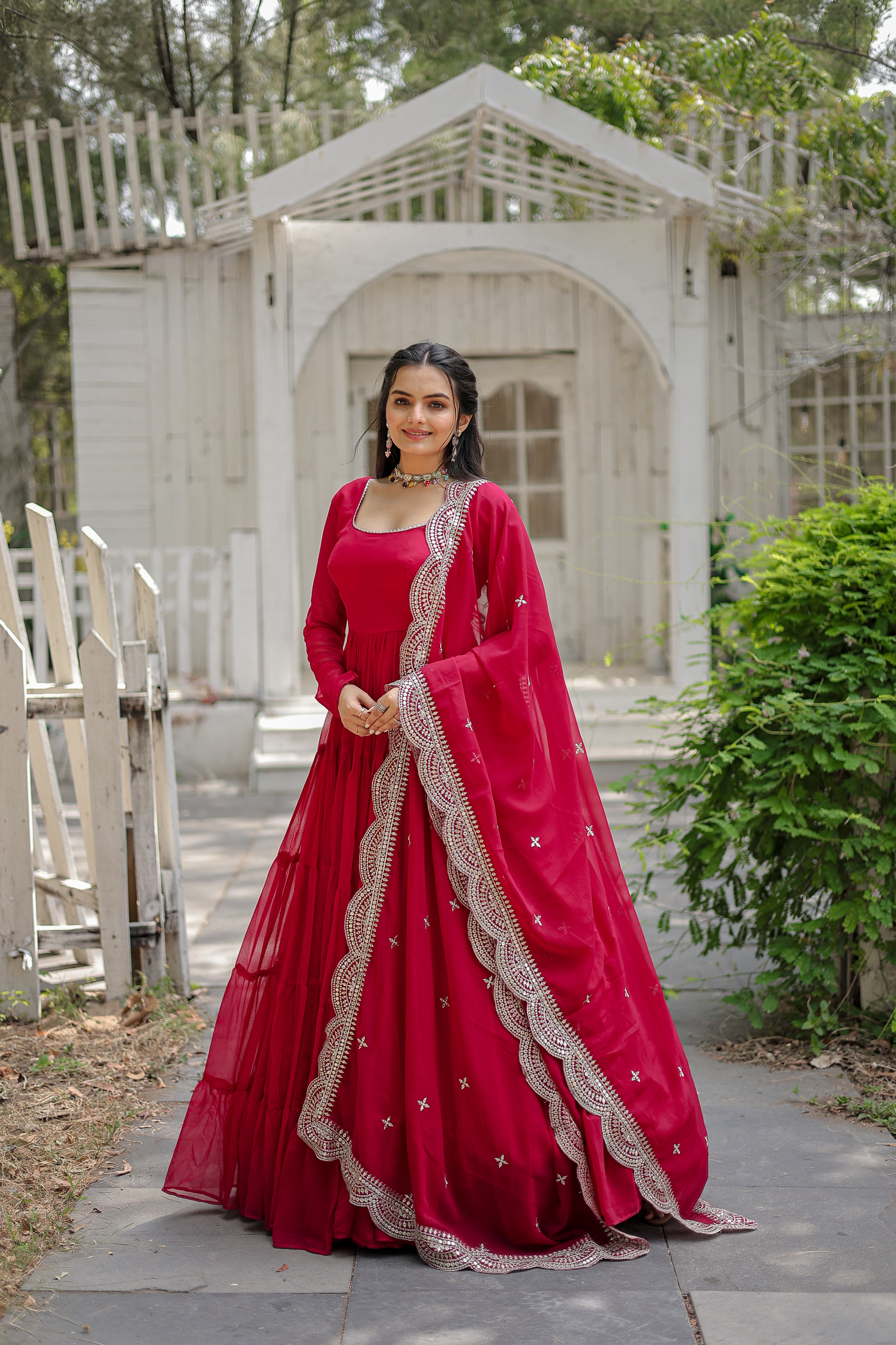 Pink Colored Faux Georgette Sequins Embroidered Panelled Gown With Dupatta