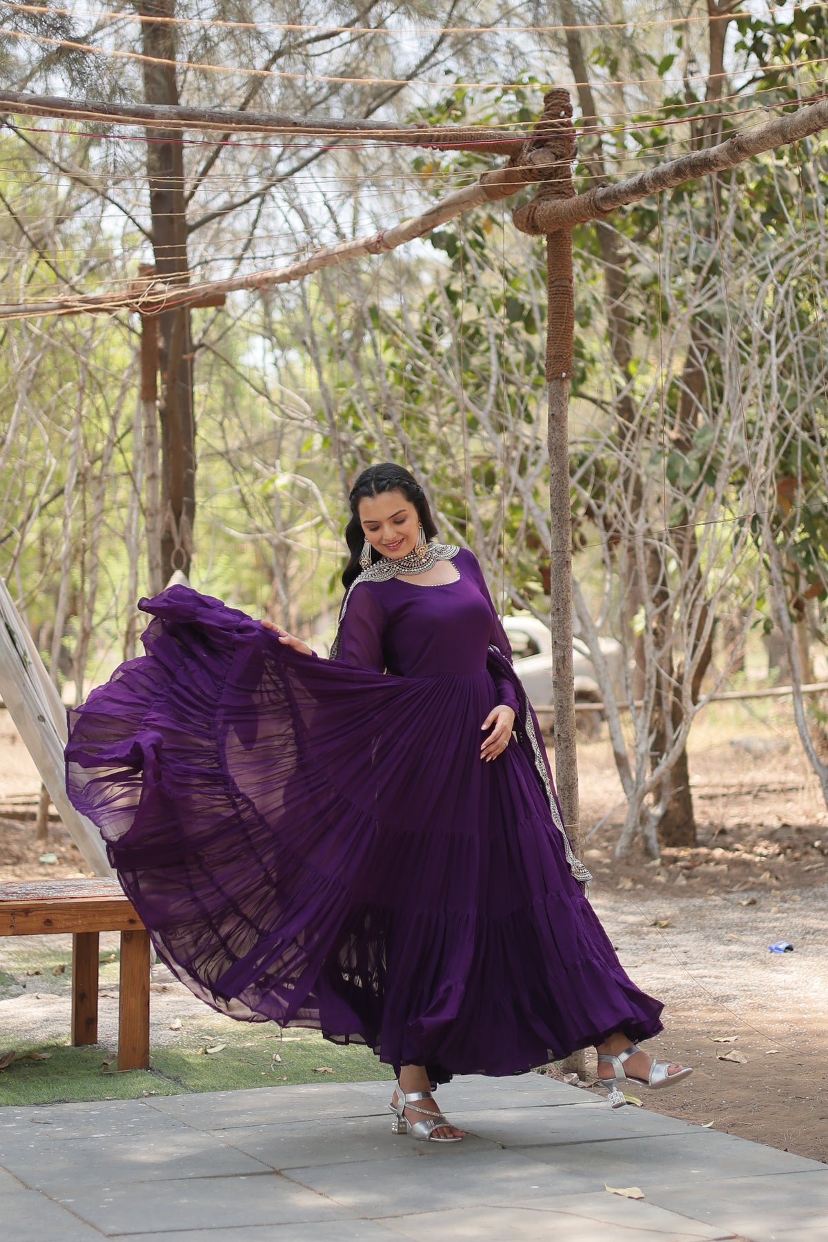 Purple Colored Faux Georgette Sequins Embroidered  Gown With Dupatta