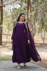 Purple Colored Faux Georgette Sequins Embroidered  Gown With Dupatta