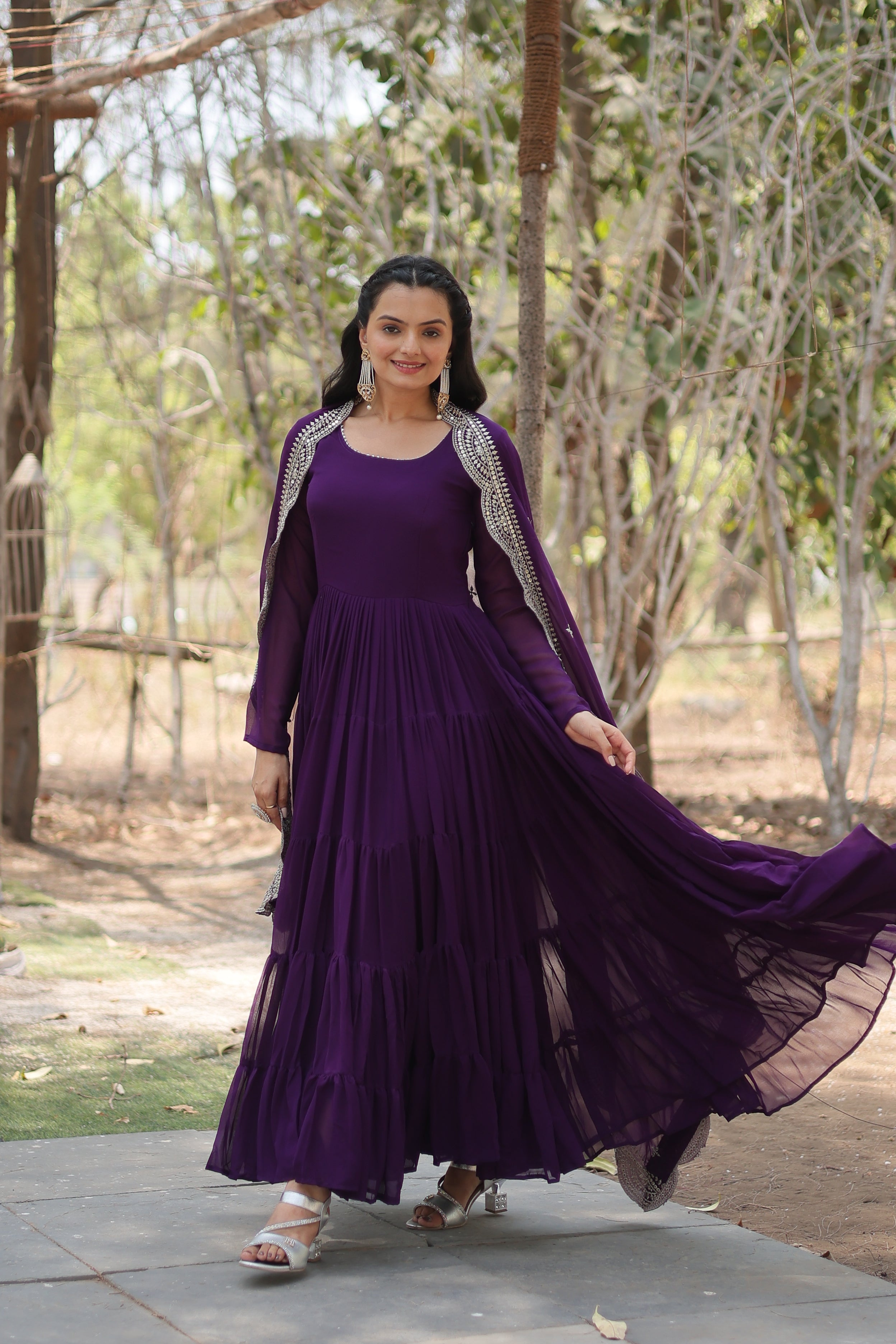 Purple Faux Georgette Sequins Embroidered Gown With Dupatta