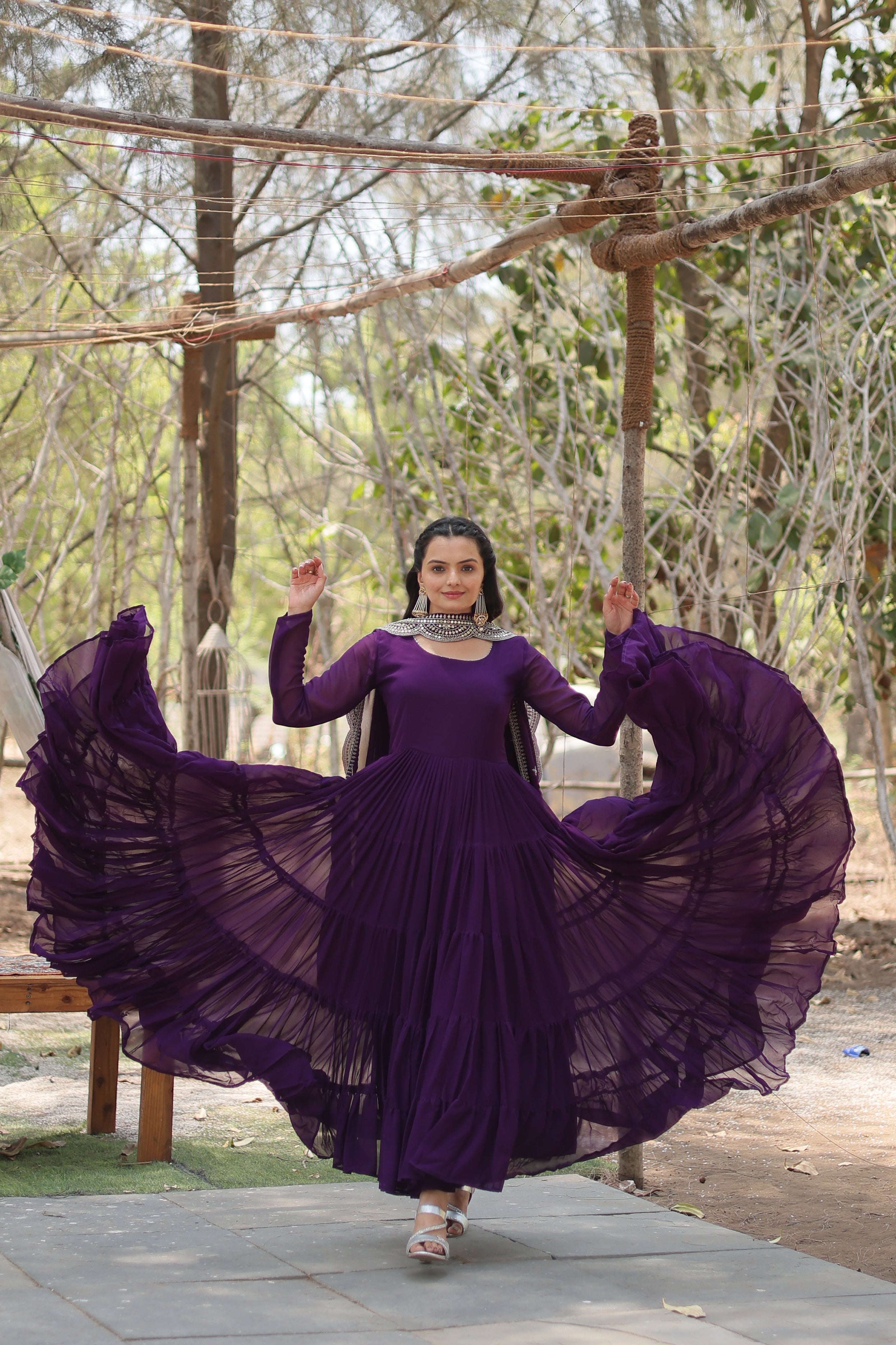 Purple Colored Faux Georgette Sequins Embroidered  Gown With Dupatta