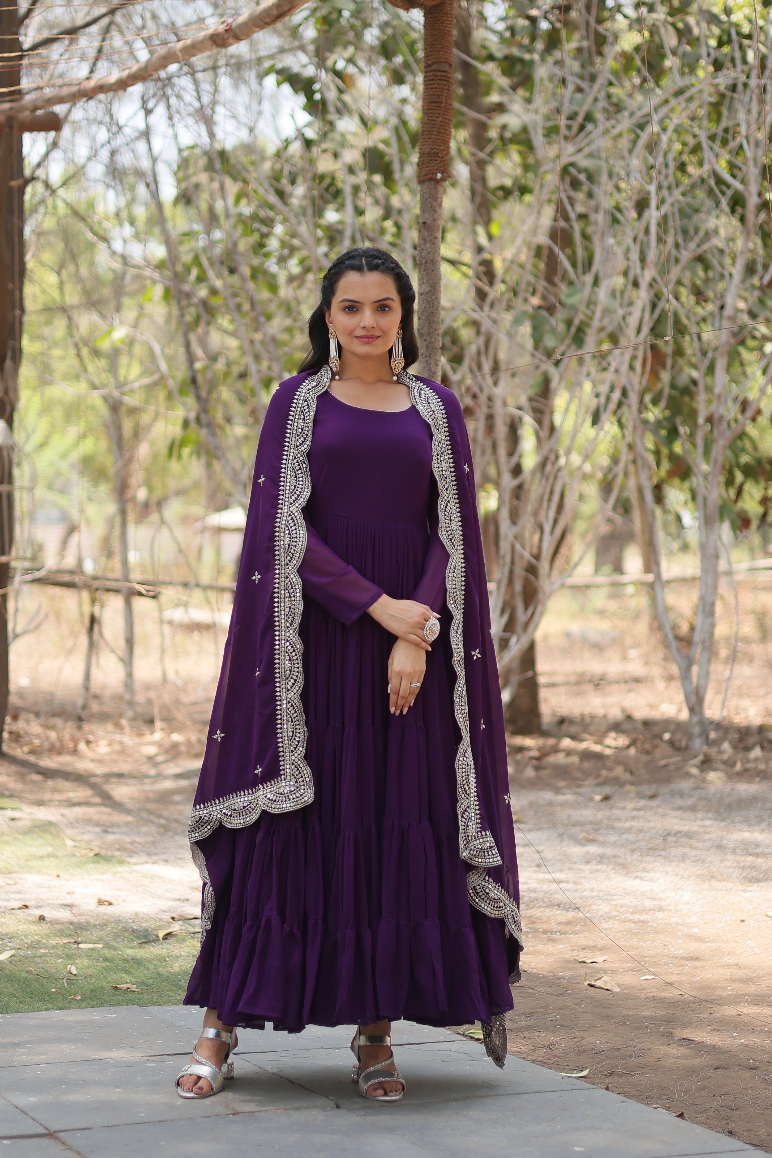 Purple Colored Faux Georgette Sequins Embroidered  Gown With Dupatta