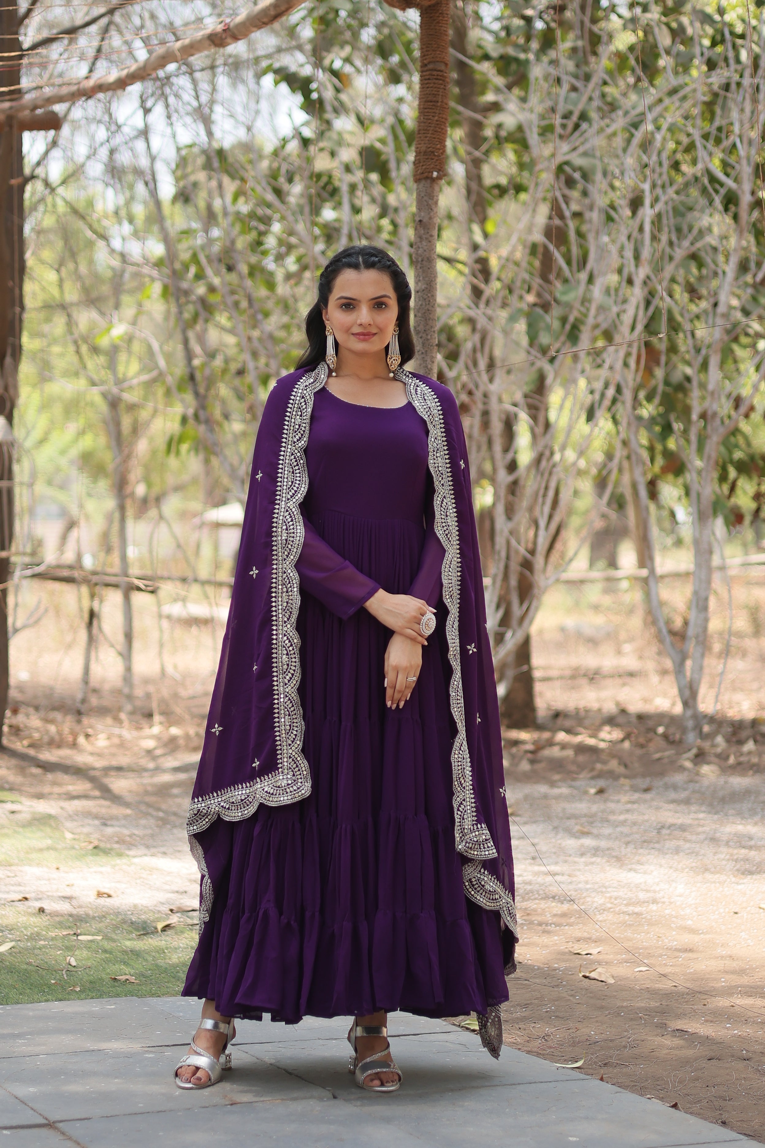 Purple Faux Georgette Sequins Embroidered Gown With Dupatta