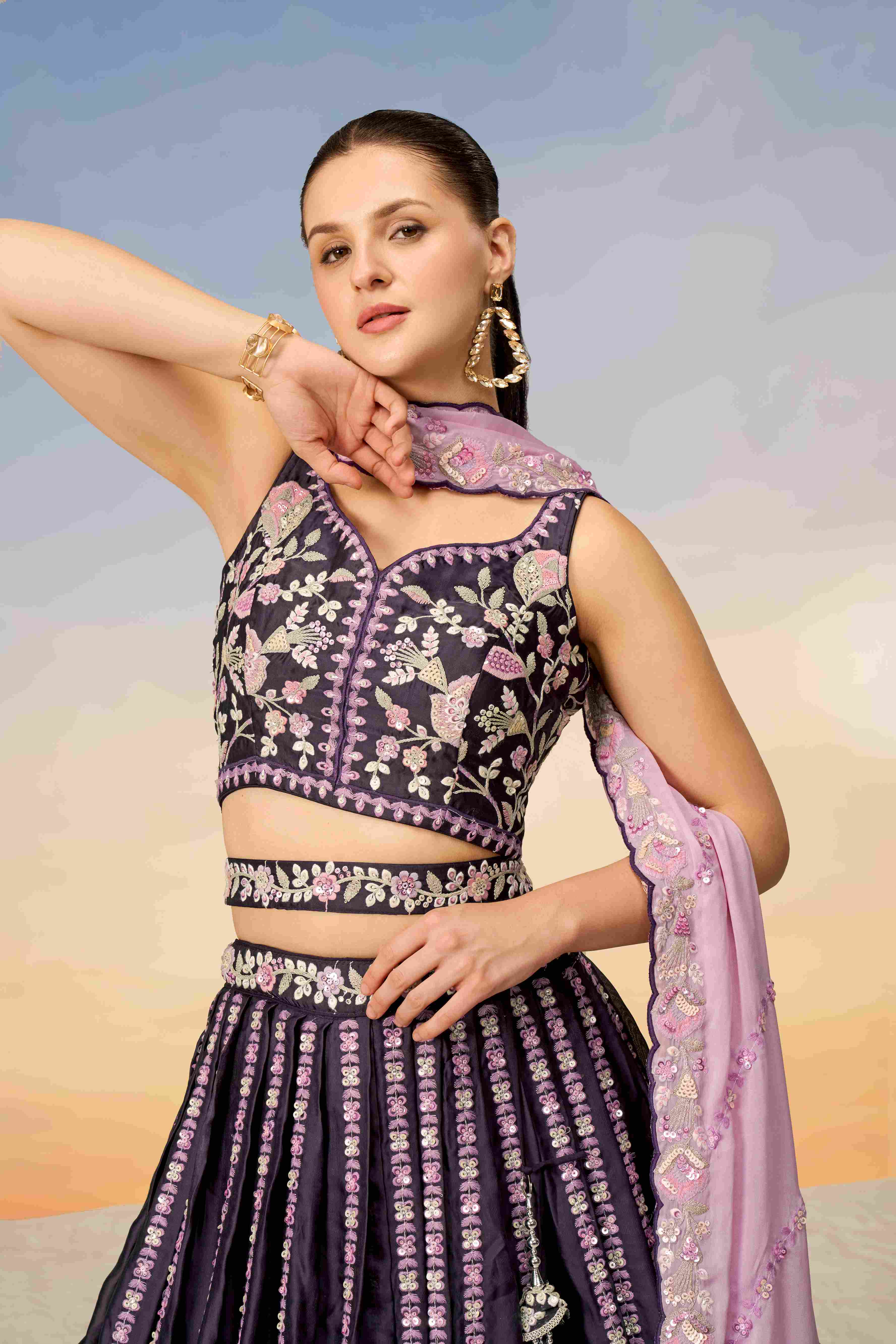 Purple Satin Sequins Embroidered Lehenga Choli