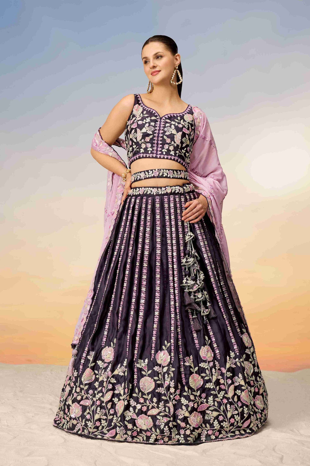 Purple Satin Sequins Embroidered Lehenga Choli