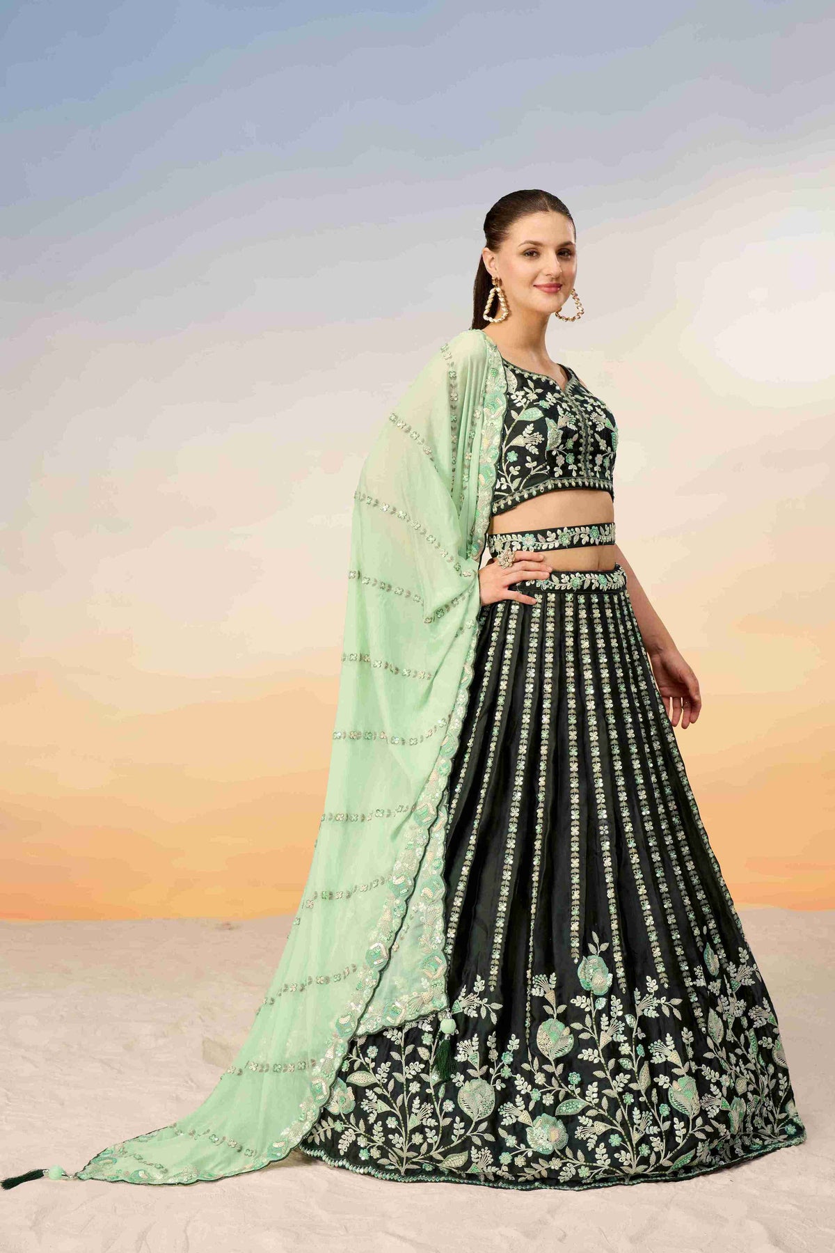 Green Satin Sequins Embroidered Lehenga Choli