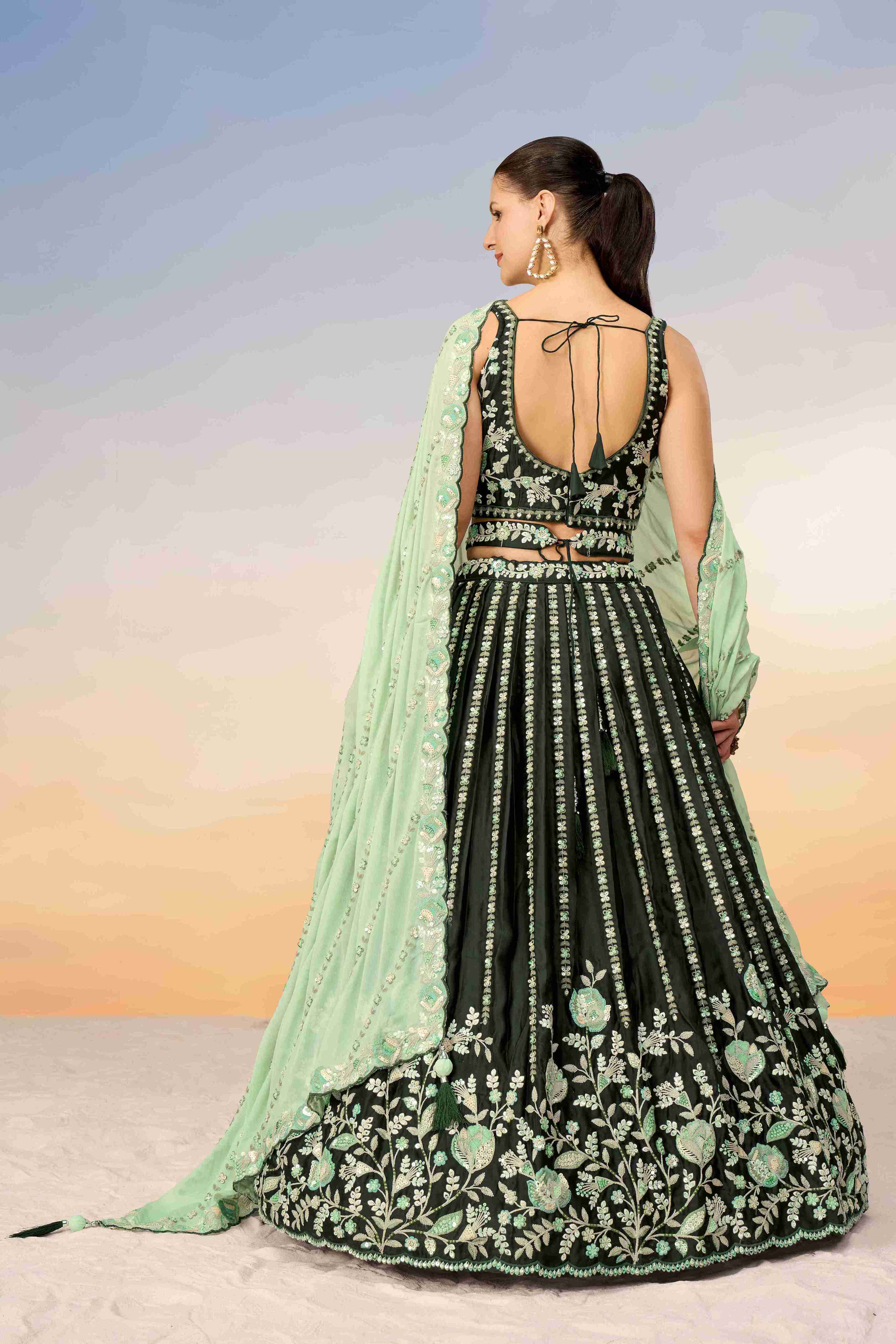 Green Satin Sequins Embroidered Lehenga Choli