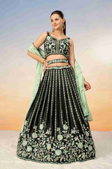 Green Satin Sequins Embroidered Lehenga Choli