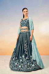 Teal Blue Satin Sequins Embroidered Lehenga Choli